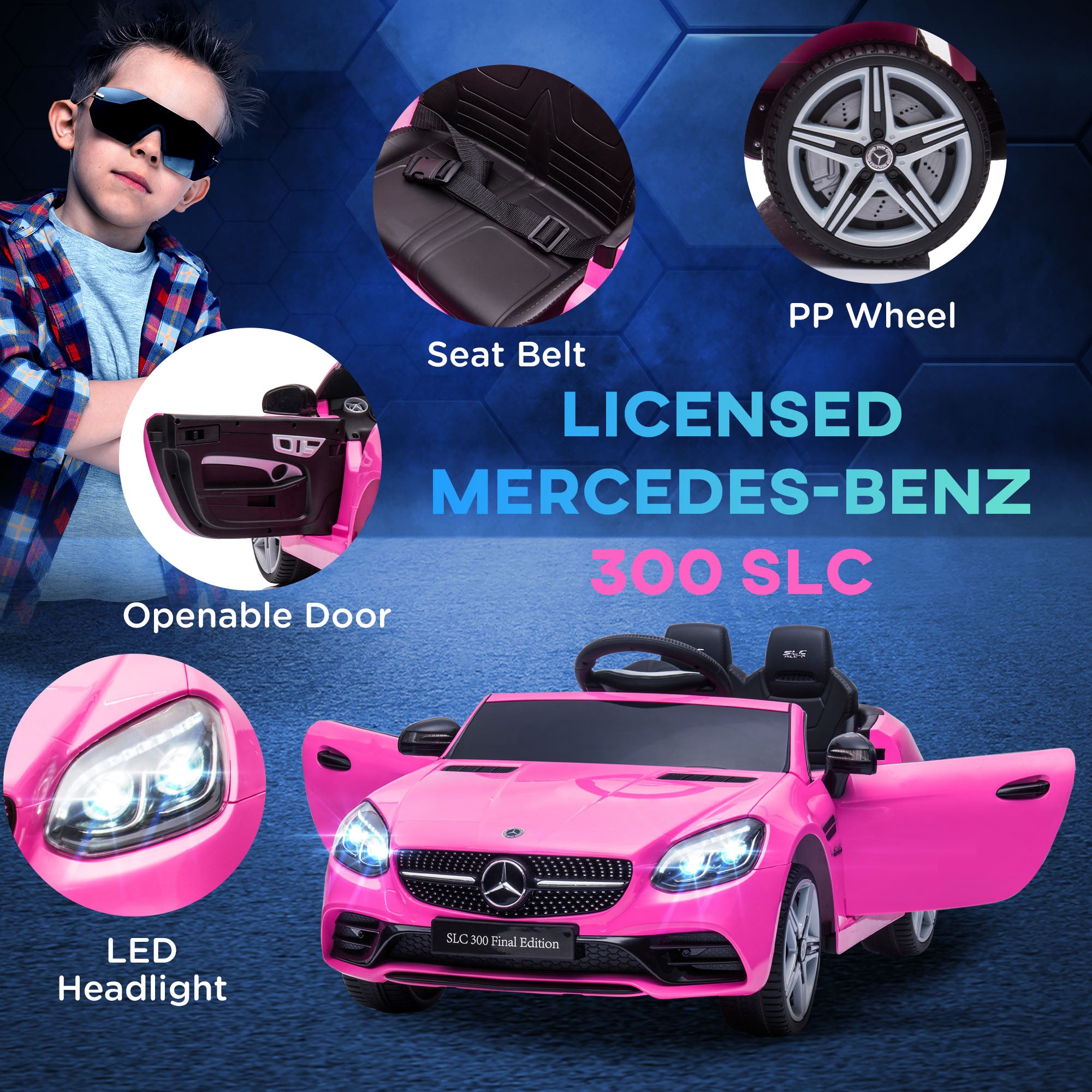 AIYAPLAY Benz SLC 300 Licensed 12V Kids Electric Ride On Car with Parental Remote Two Motors Music Lights Suspension Wheels for 3-6 Years Pink - North Peak Garden Furniture