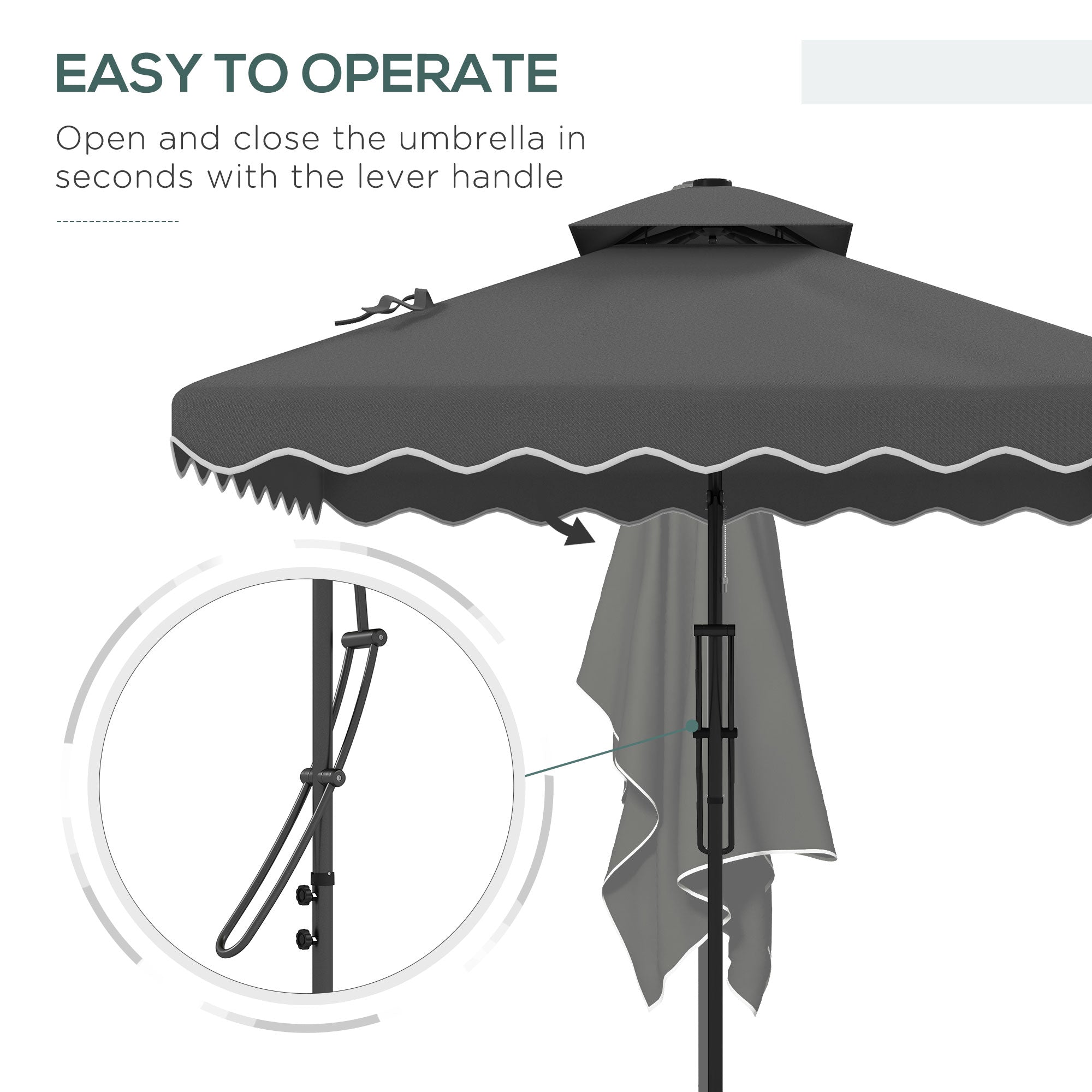 Outsunny 2.5m Square Double Top Garden Parasol Cantilever Umbrella with Ruffles, Dark Grey - North Peak Garden Furniture