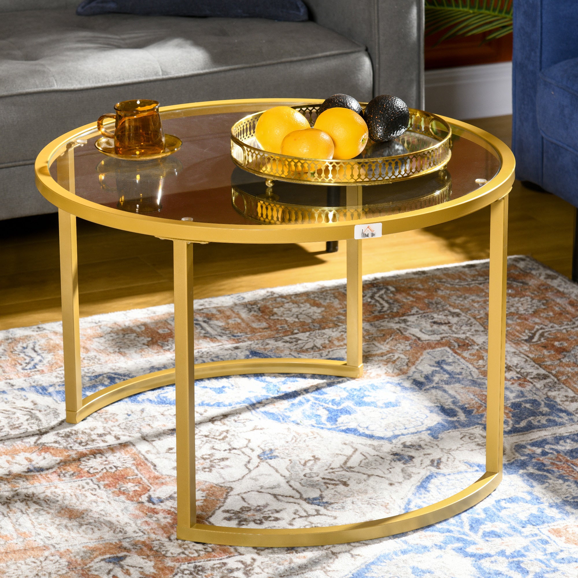HOMCOM Coffee Table Set of 2, Modern Nest of Tables with Tempered Glass Top, Steel Frame for Living Room, Gold Tone - North Peak Garden Furniture