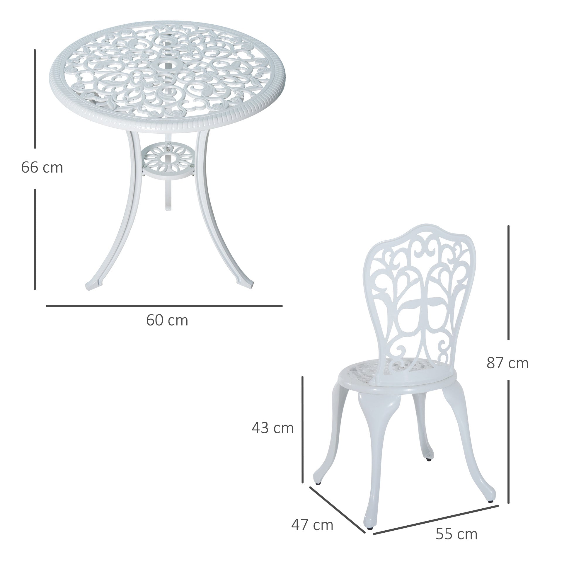 Outsunny 3 Pieces Antique Garden Bistro Set for 2, Cast Aluminium Garden Furniture Set with Umbrella Hole, White - North Peak Garden Furniture