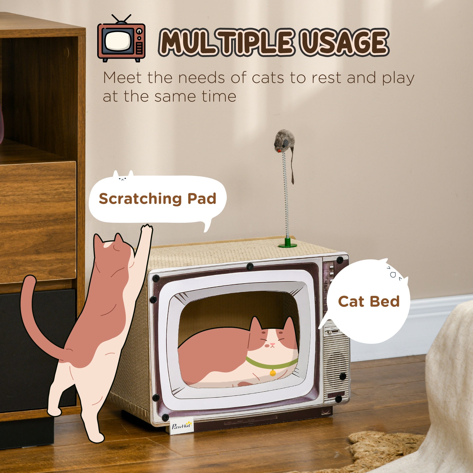 PawHut TV-Shaped Scratching Board with Scratcher, Catnip, Toy Rat, Cat Scratcher for Indoor Cats, 43 x 23 x 32.5cm - North Peak Garden Furniture