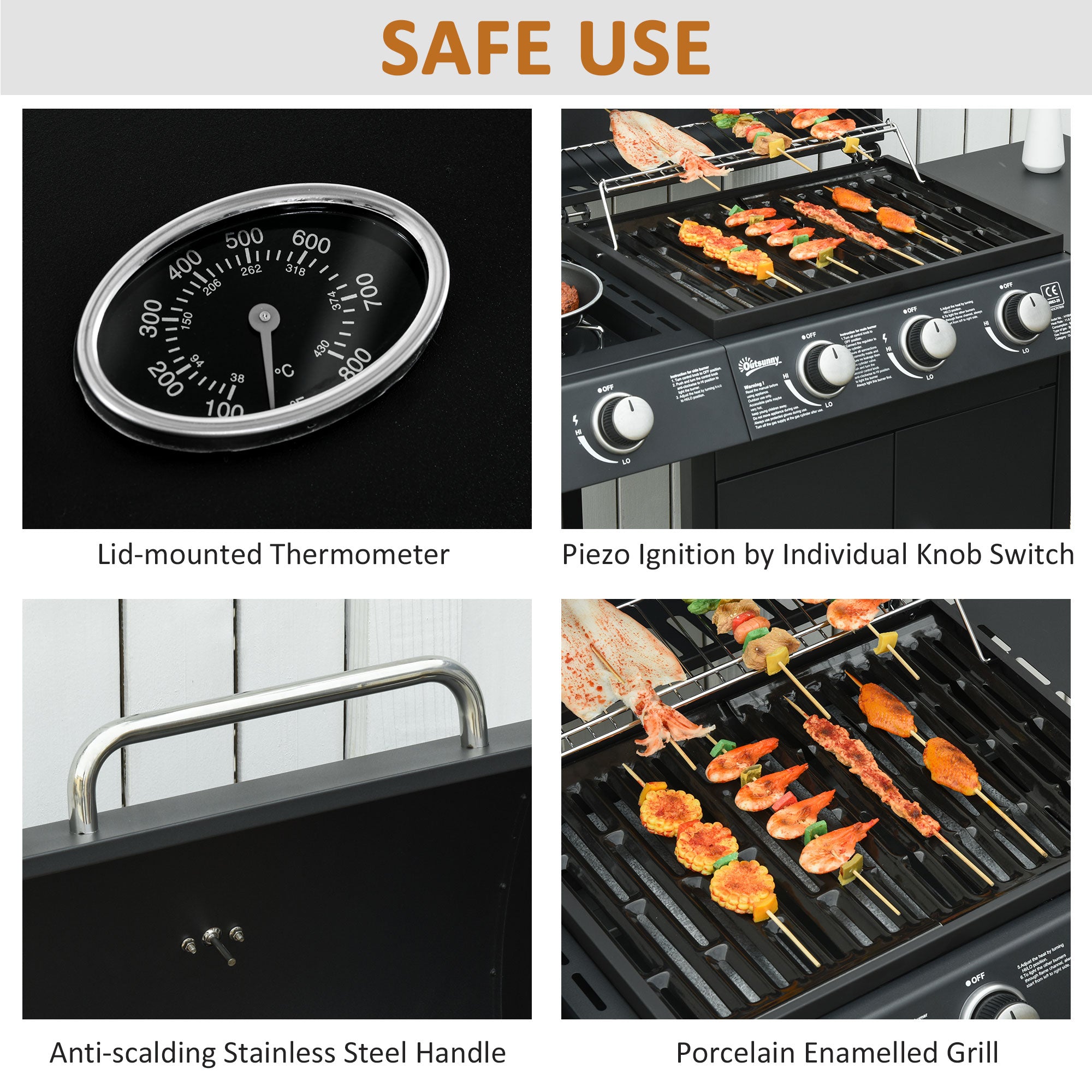 Outsunny Gas Burner Barbecue Grill 3+1 Burner Garden BBQ Trolley w/ Side Burner Warming Rack Side Shelves Storage Cabinet Piezo Ignition Thermometer 110x50x100cm - North Peak Garden Furniture