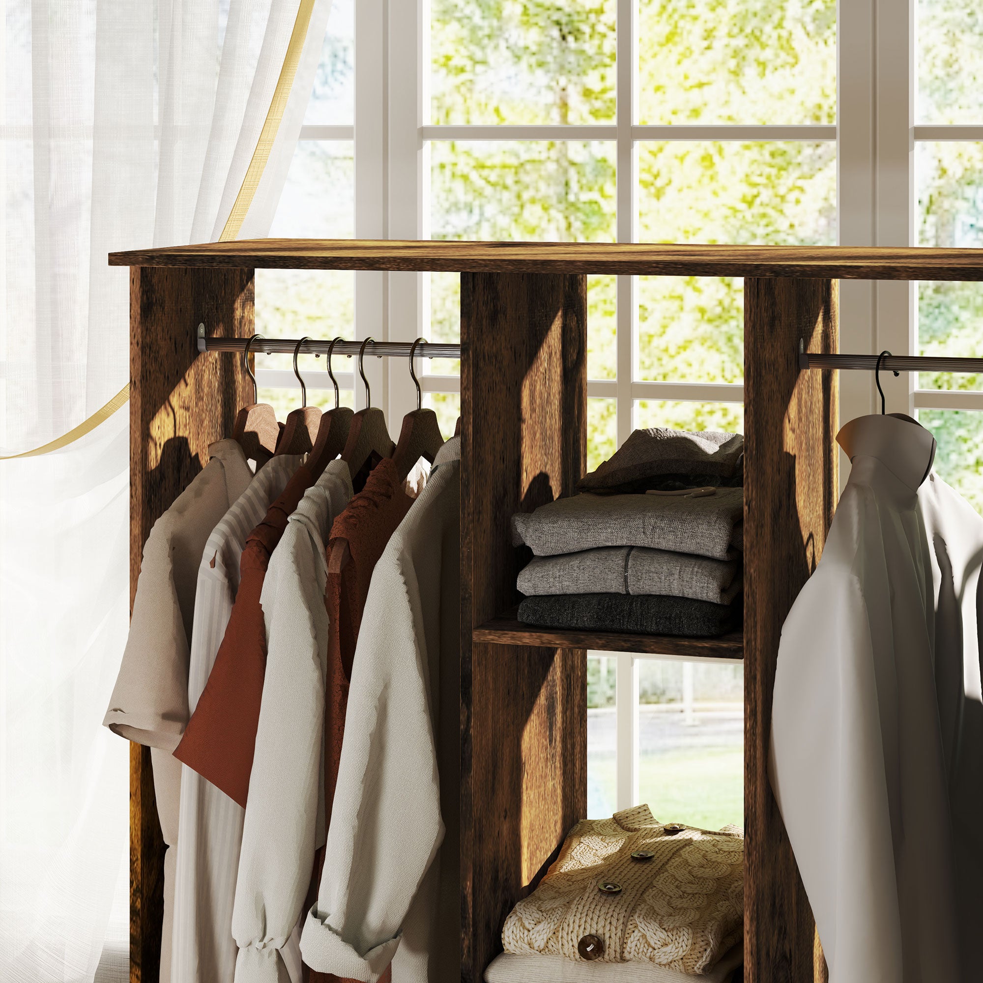 HOMCOM Open Wardrobe Double Mobile Storage Shelves Organizer W/6 Wheels-Rustic Brown - North Peak Garden Furniture