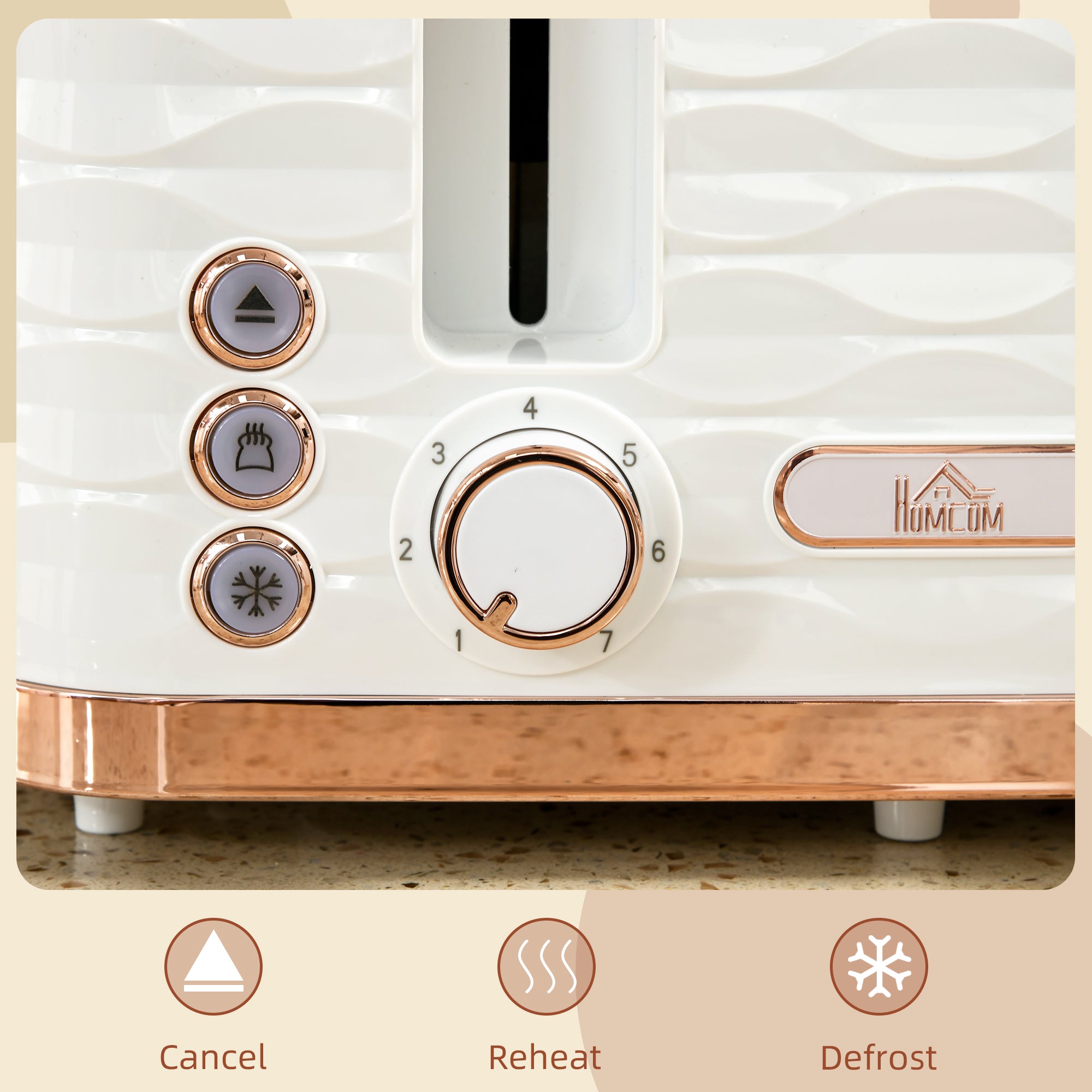 HOMCOM 4 Slice Toaster with 7 Browning Levels, High Lift, Reheat/Defrost/Cancel, Self-centring Function, Removable Crumb Tray, Auto Off, 1600W, Cream White Water Ripple Texture - North Peak Garden Furniture