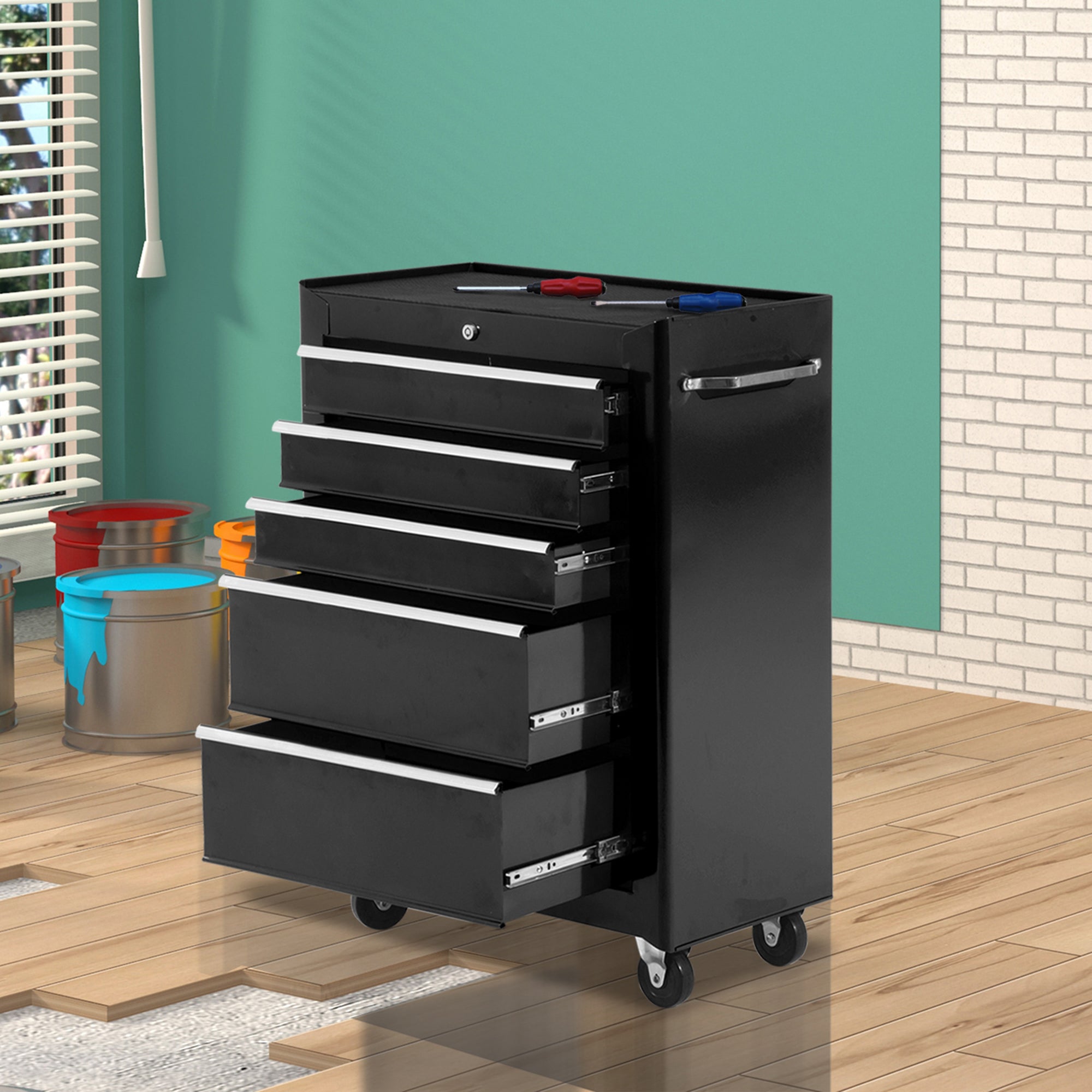 HOMCOM 5-Drawer Tool Chest, Lockable Steel Tool Storage Cabinet with Wheels and Handle Tool Box for Garage, Workshop, Black - North Peak Garden Furniture