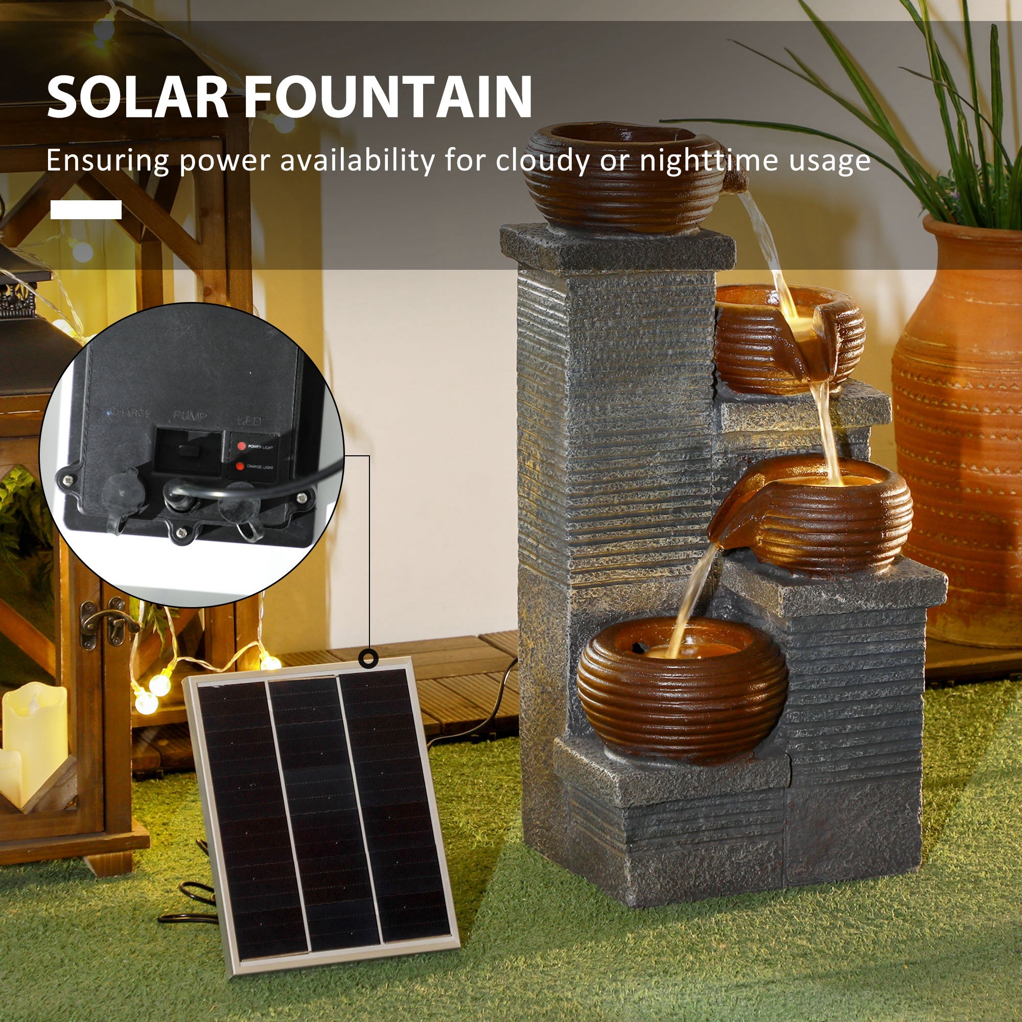 Outsunny Solar Powered Garden Water Feature with LED Lights and Pump, 4 Tier Cascading Water Fountain for Indoor/Outdoor, Bowls Waterfall Ornament, 58cm Height - North Peak Garden Furniture