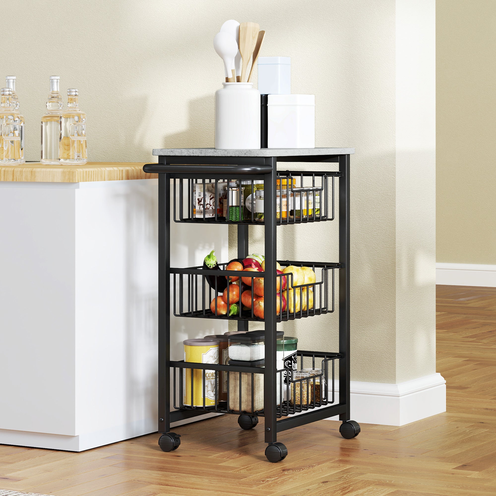HOMCOM Three Basket Mobile Kitchen Island, with Brakes - Grey/Black - North Peak Garden Furniture