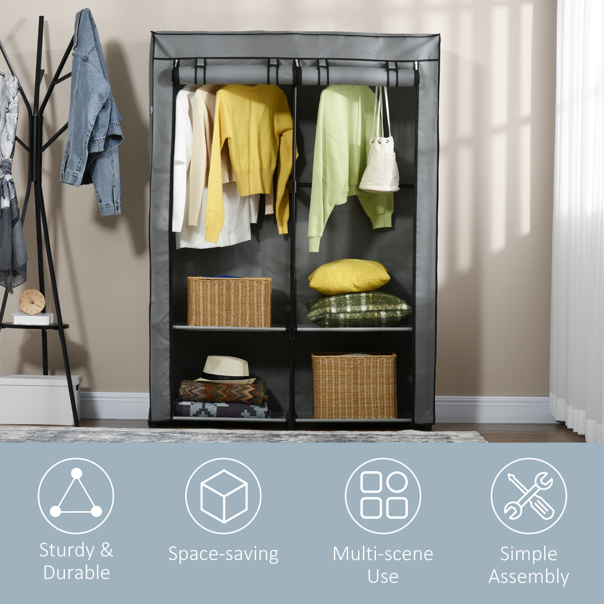 HOMCOM Steel Frame Fabric Wardrobe, with Rail and Shelves - Light Grey - North Peak Garden Furniture
