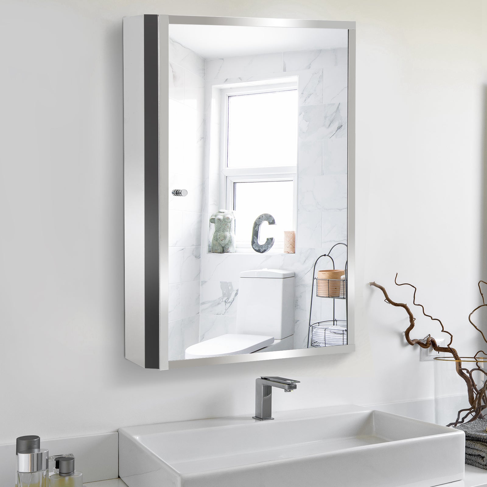 HOMCOM Stainless Steel Wall mounted Bathroom Mirror Cabinet 2 Shelves Storage Unit Furniture w/Single Door (60H x 40L x 13D (cm)) - North Peak Garden Furniture