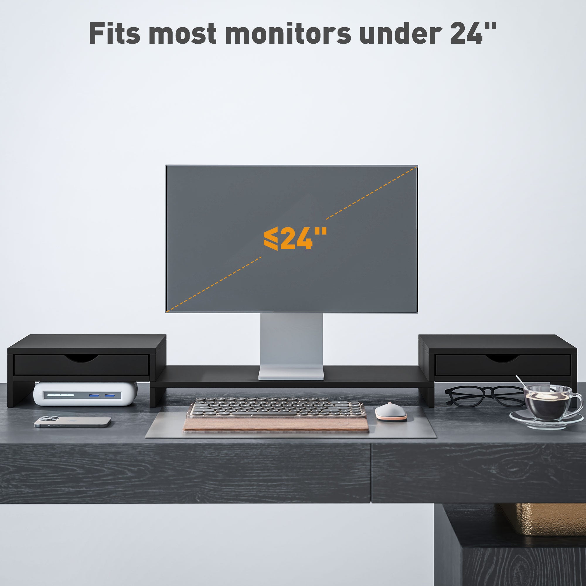 HOMCOM Dual Monitor Stand Riser with 2 Drawers, Adjustable Length and Angle, 116cm Monitor Riser for Laptop, Computer, PC, Small Printer, Black - North Peak Garden Furniture