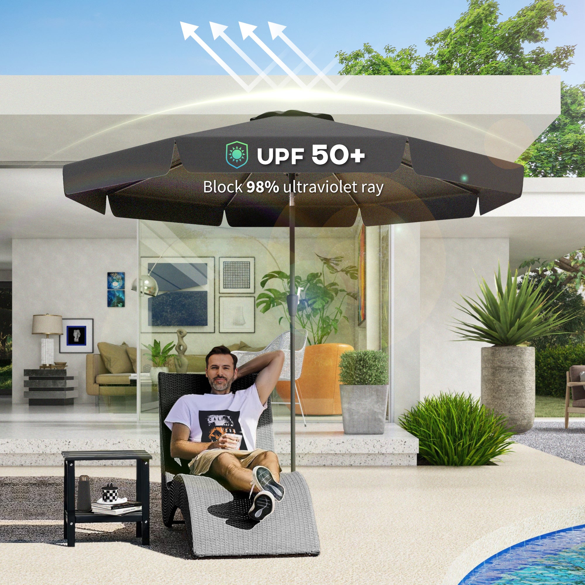 Outsunny 2.7m Patio Parasol Garden Umbrellas Outdoor Sun Shade Table Umbrella with Tilt, Crank, 8 Ribs, Ruffles, Black - North Peak Garden Furniture