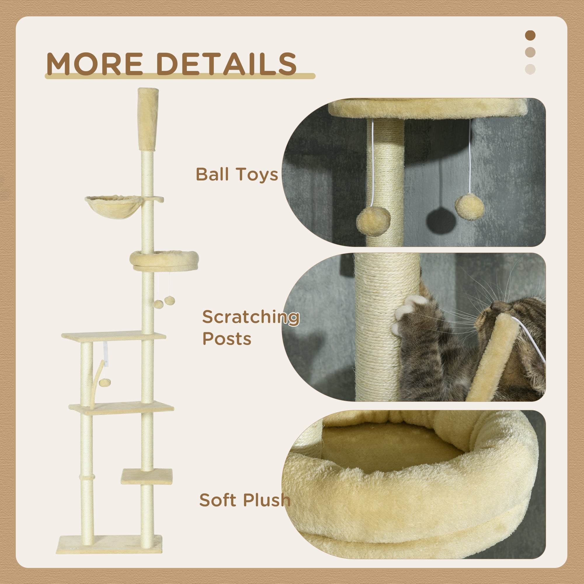 PawHut Floor to Ceiling Cat Tree for Indoor Cats, 6-Tier Play Tower Climbing Activity Center with Scratching Post, Platforms, Bed, Hammock, Adjustable Height 230-250cm, Beige - North Peak Garden Furniture