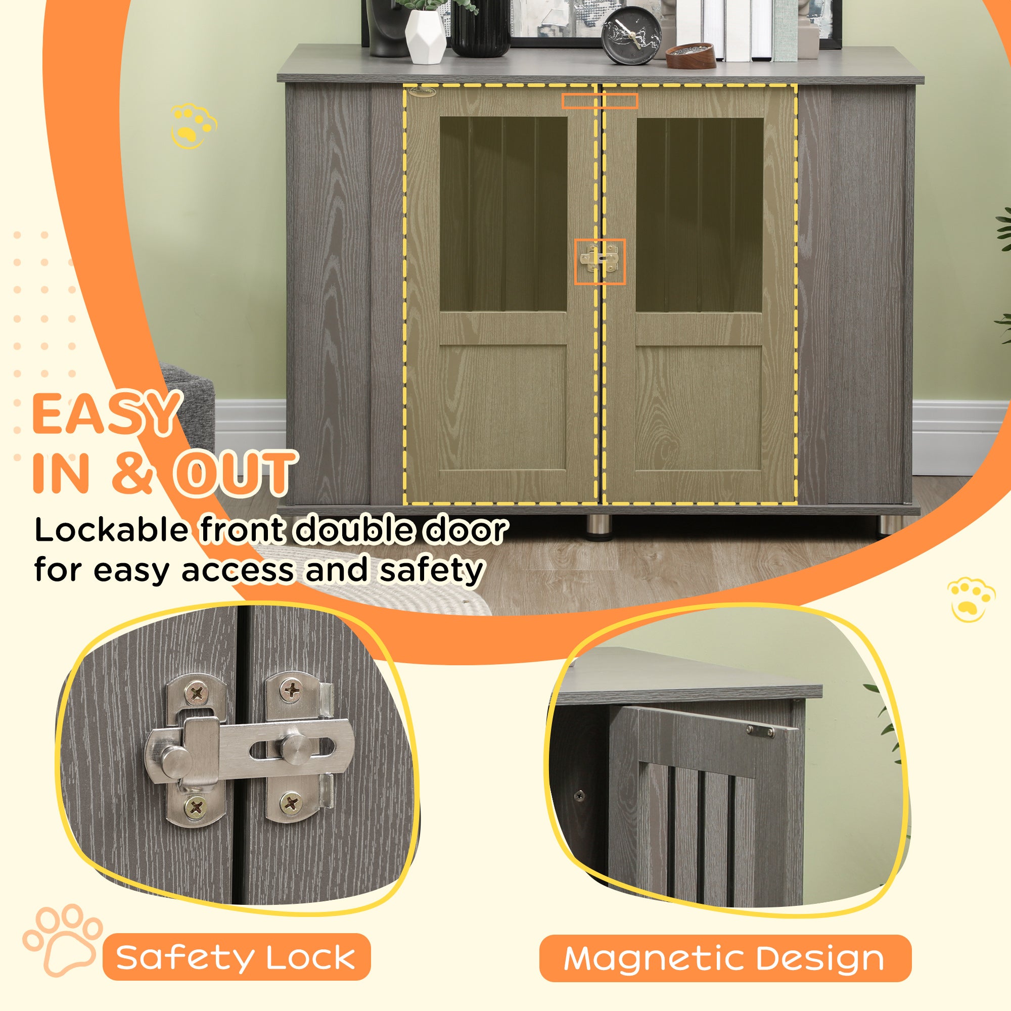 PawHut Dog Crate Table for Medium and Large Dogs with Magnetic Door for Indoor Use, 116 x 60 x 87 cm, Grey - North Peak Garden Furniture