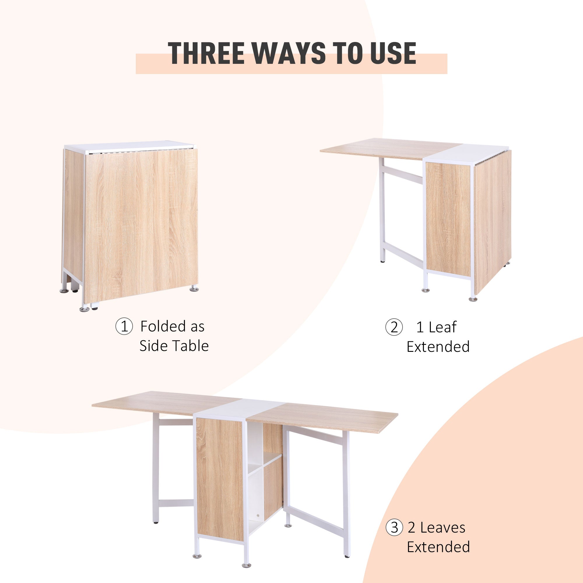 HOMCOM Foldable Drop Leaf Dining Table Folding Workstation for Small Space with Storage Shelves Cubes Oak & White