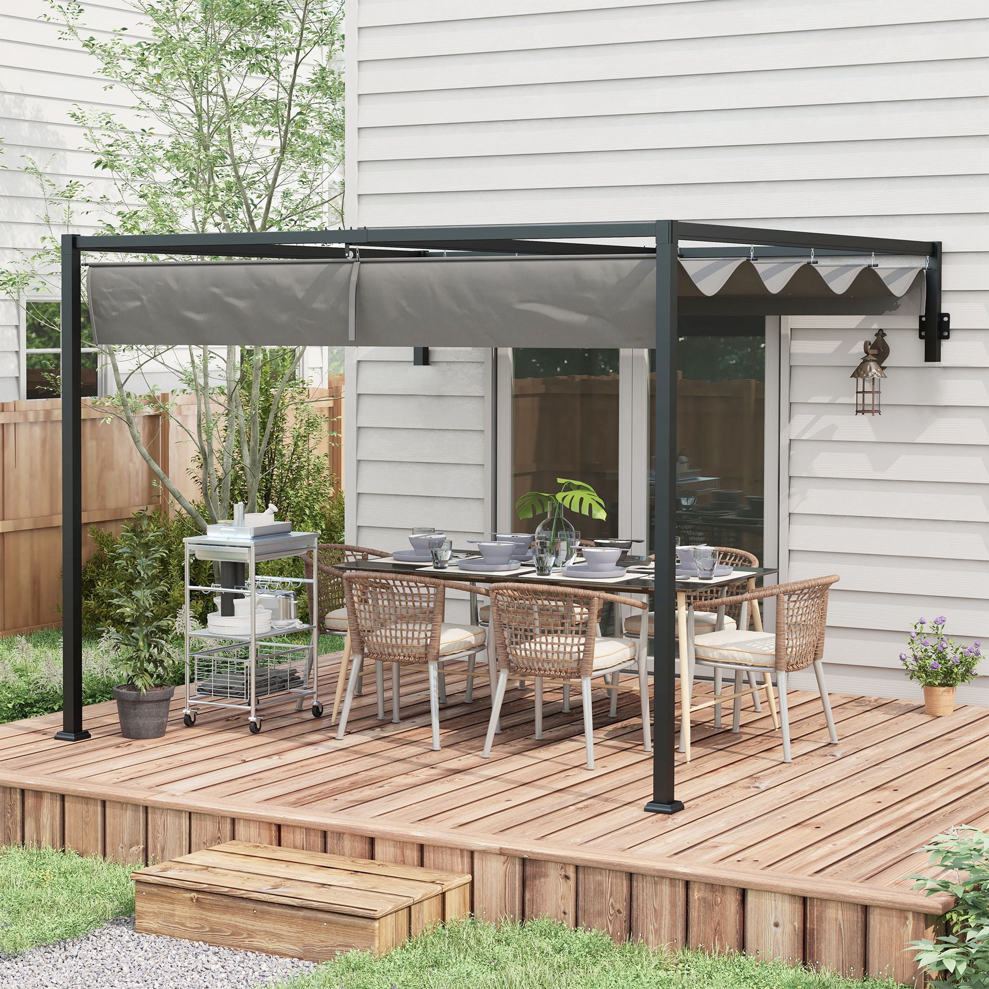 Outsunny 2 x 3(m) Lean To Pergola, Metal Pergola with Retractable Roof for Grill, Garden, Patio, Deck
