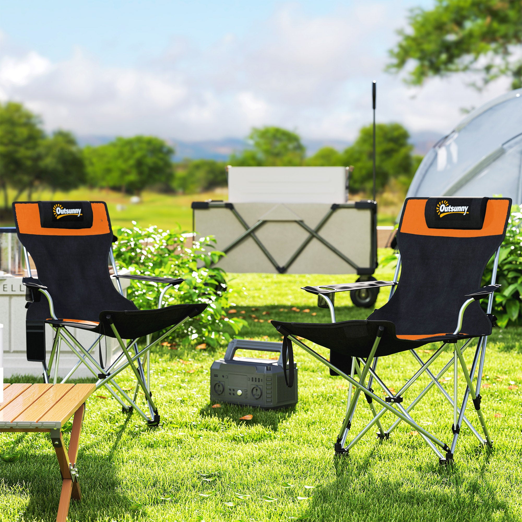 Outsunny Set of 2 Reclining Folding Camping Chair w/ Detachable Footrest, Storage Bag, Cup Holder & Headrest, Lightweight Portable Camp Chair for Beach, Picnic, Orange and Black - North Peak Garden Furniture