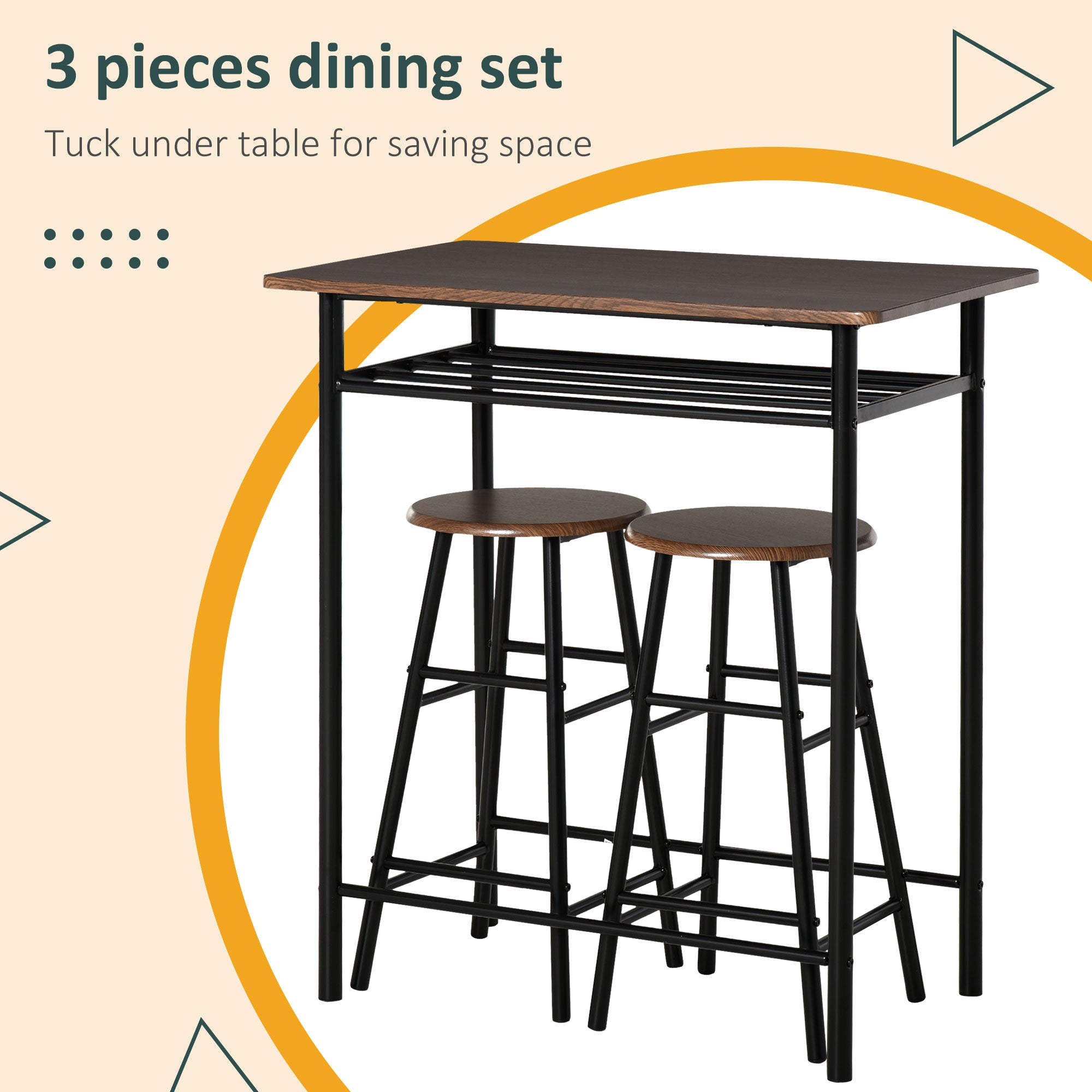 HOMCOM Bar Table Set, Bar Table and Stools Set, Footrest and Storage Shelf, for Kitchen, Dining Room, Pub, Cafe, Black and Oak - North Peak Garden Furniture