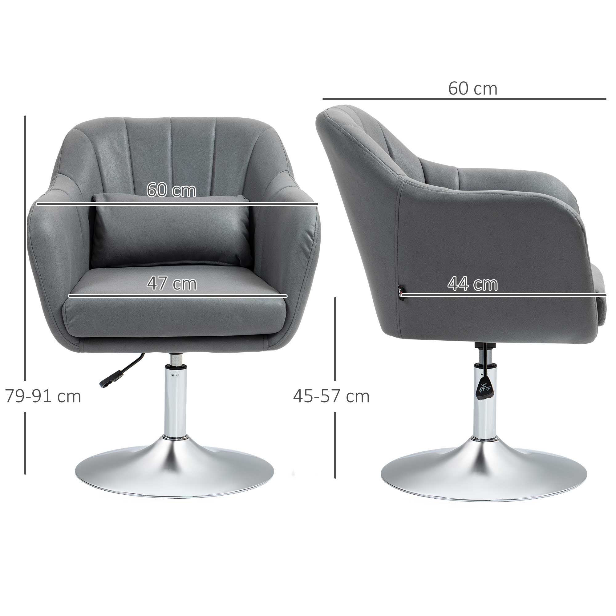 HOMCOM Swivel Microfibre Accent Chair for Living Room Contemporary Vanity Armchair with Adjustable Height Thick Cushion Lumbar Support Armrest for Bedroom Office Dark Grey - North Peak Garden Furniture