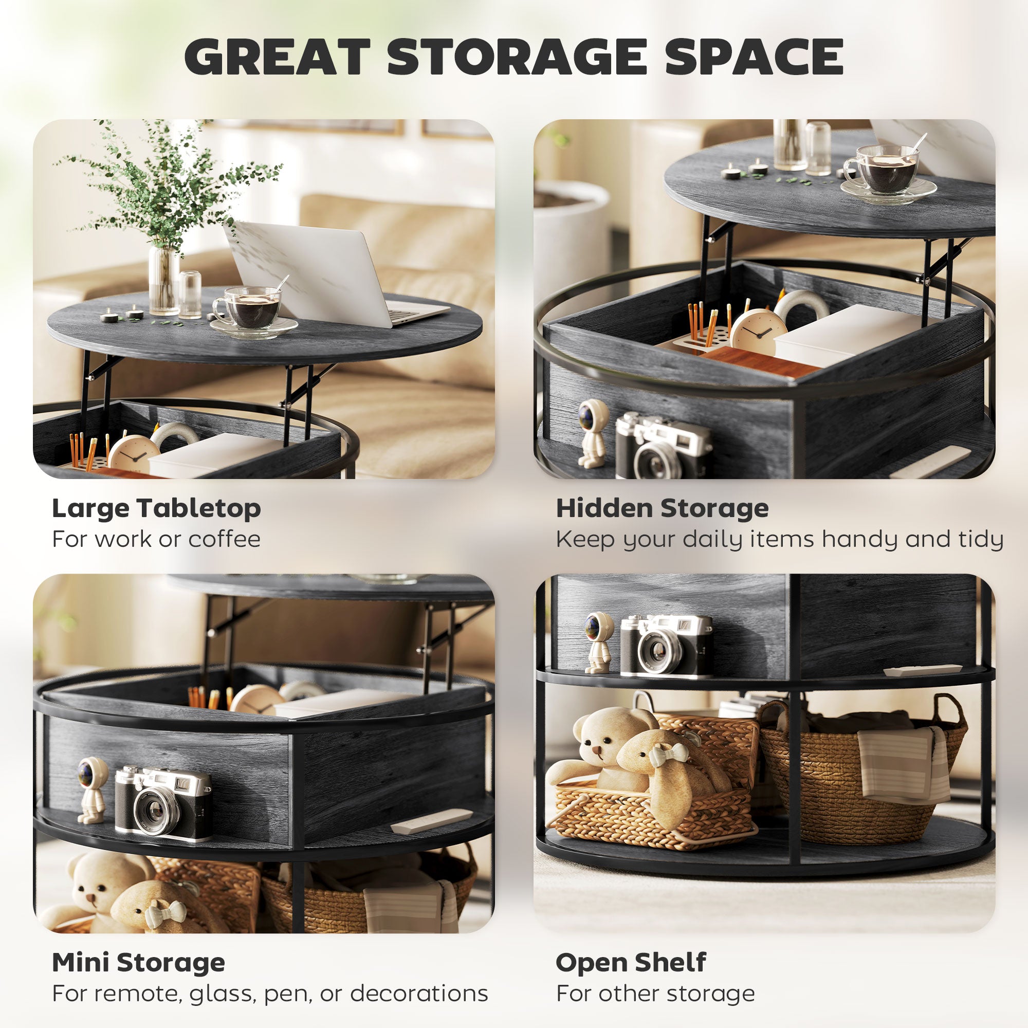 HOMCOM Lift Top Coffee Table, Round Coffee Table with Storage Shelf, Hidden Compartment and Steel Frame for Living Room, Home Office, Charcoal Grey - North Peak Garden Furniture