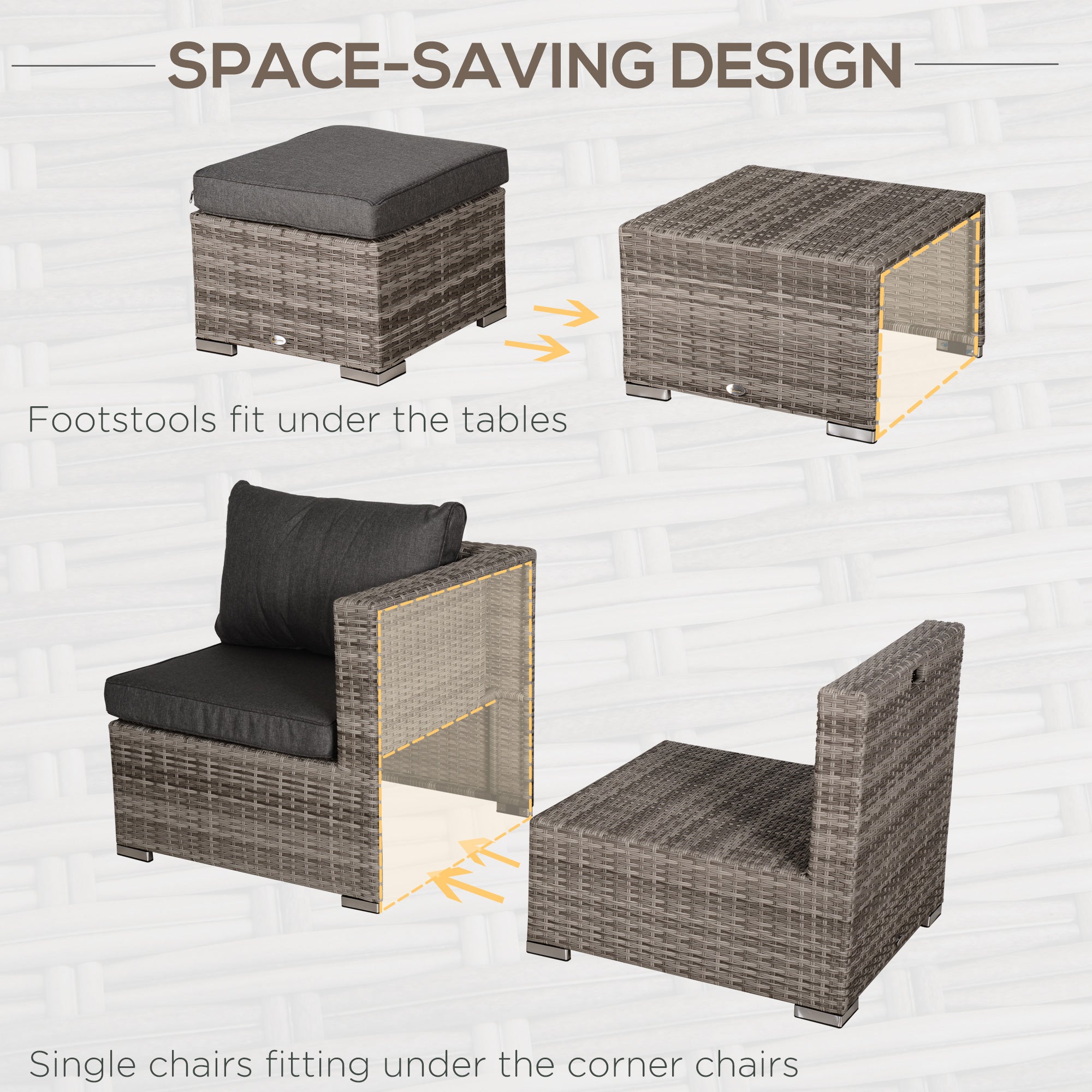 Outsunny 8 Pieces PE Rattan Sofa Set with Cushions, Garden Corner Sofa with 4 Seater Sofa, 2 Footstools and 2 Coffee Table Set, Space-saving Design, No Assembly Required, Grey - North Peak Garden Furniture