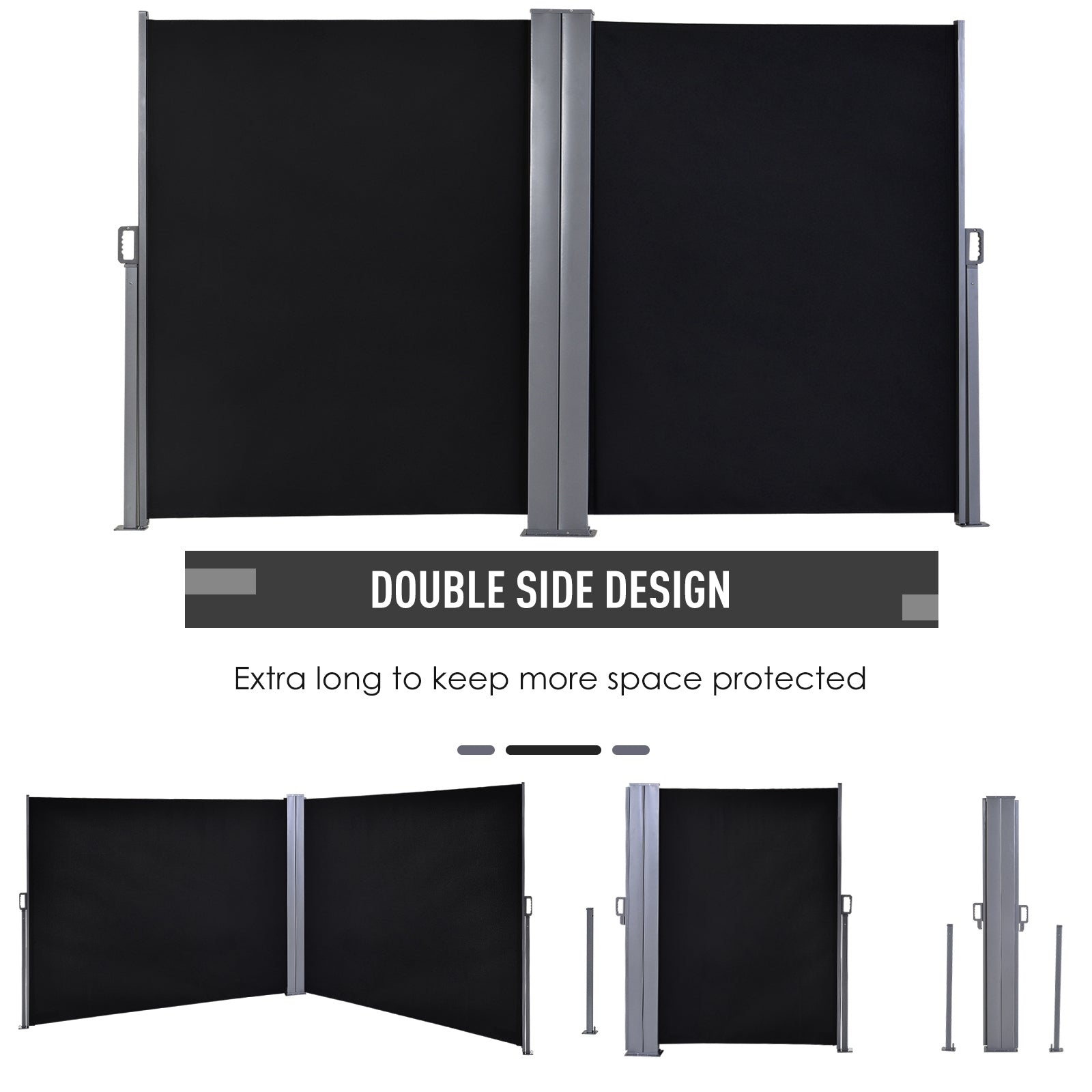 Outsunny 600 x 180 cm (HxL) Retractable Awning Double Canopy Side Privacy Protection Sun Shade Side Blind w/ Steel Frame Versatile Use In Garden Patio - Black - North Peak Garden Furniture