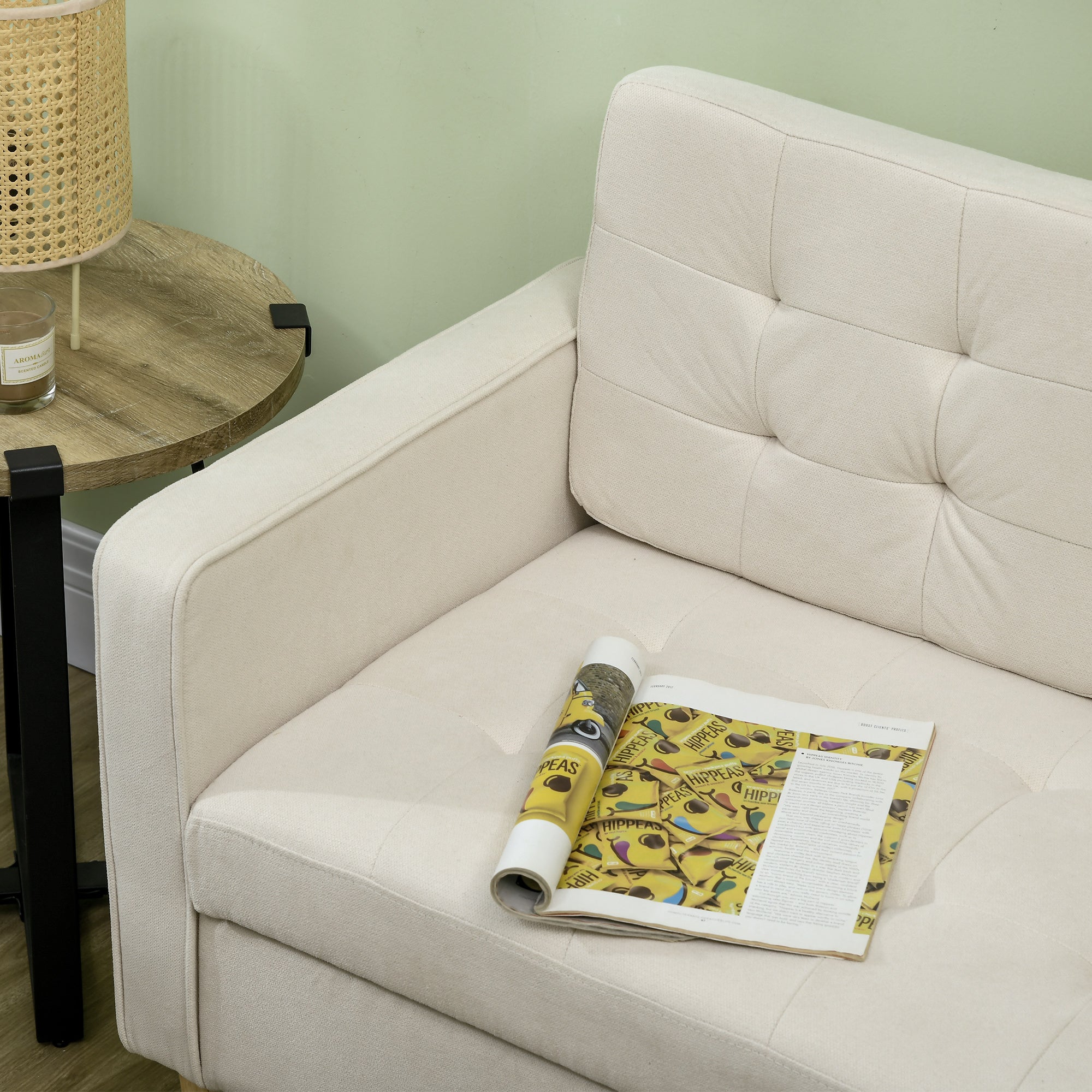 HOMCOM Modern Loveseat Sofa, Compact 2 Seater Sofa with Hidden Storage, 117cm Tufted Cotton Couch with Wood Legs, Cream White - North Peak Garden Furniture