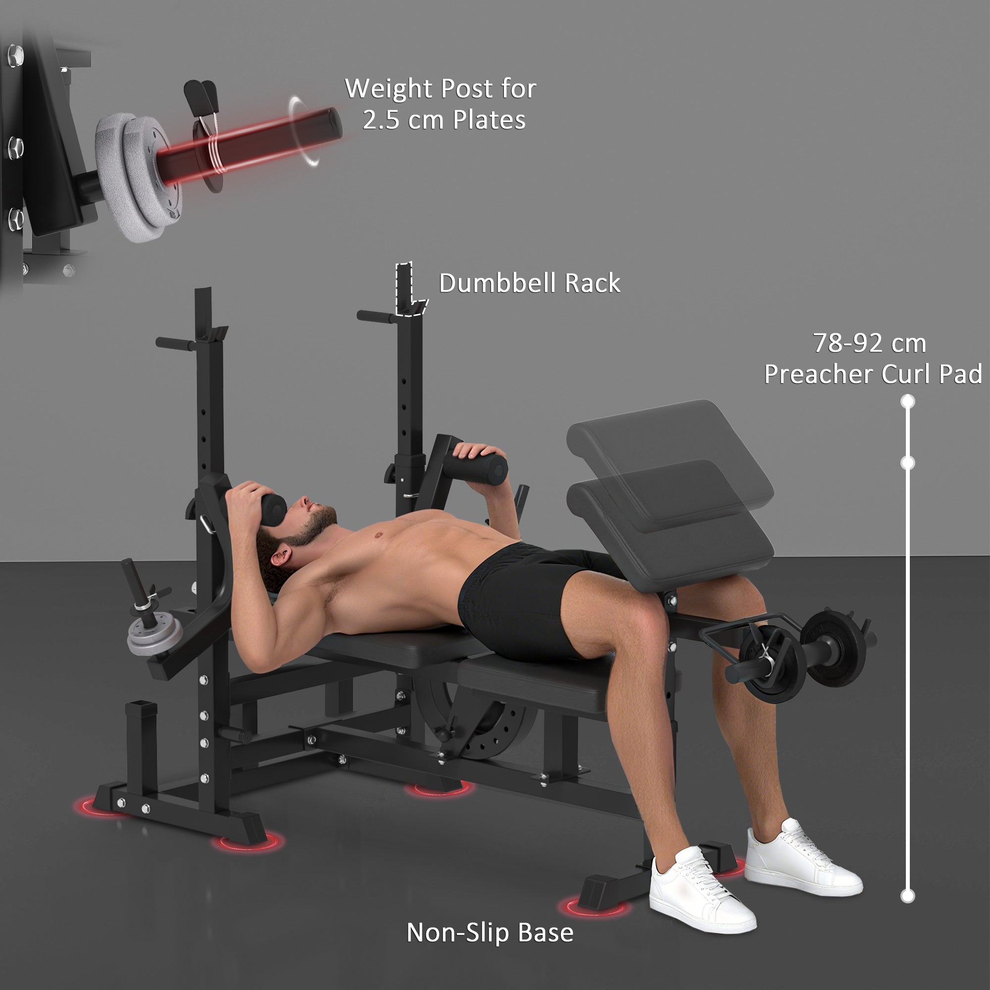 HOMCOM Multi-Exercise Full-Body Weight Rack with Bench Press, Leg Extension, Chest Fly Resistance Band & Preacher Curl