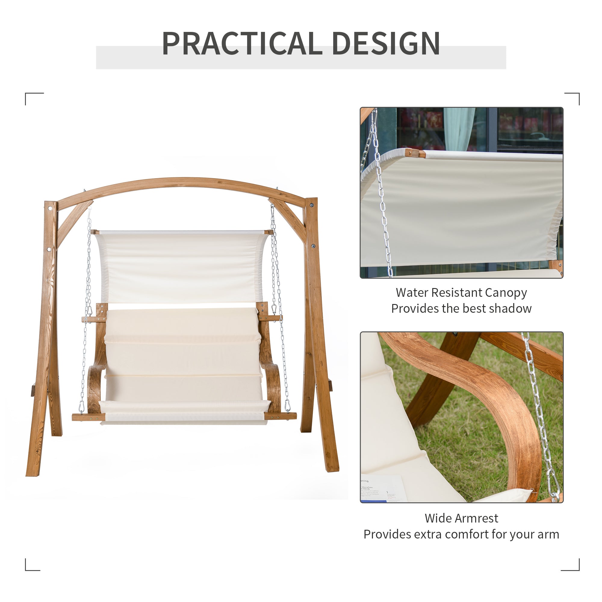 Outsunny Wooden Porch A-Frame Swing Chair With Canopy and Cushion for Patio Garden Yard - North Peak Garden Furniture