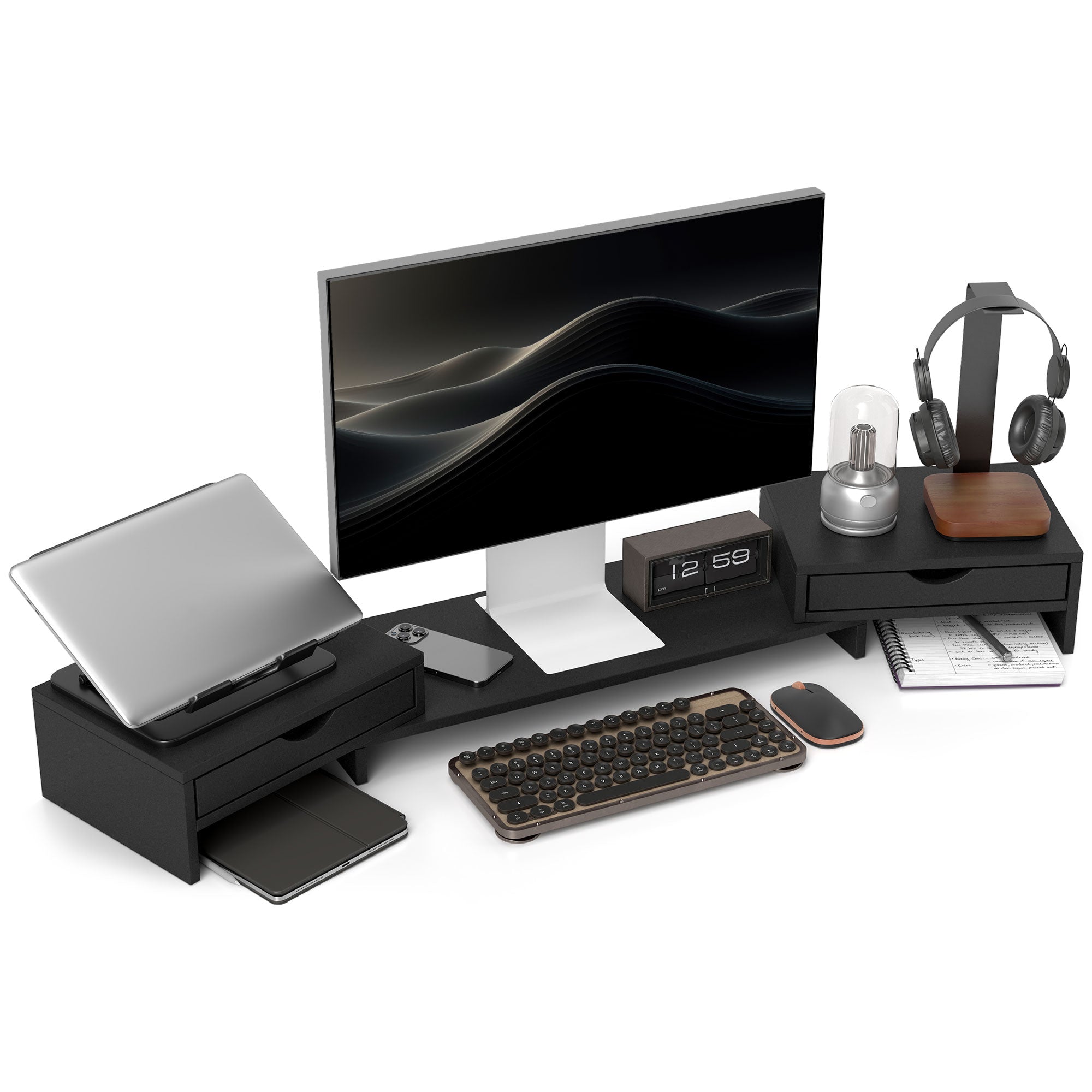 HOMCOM Dual Monitor Stand Riser with 2 Drawers, Adjustable Length and Angle, 116cm Monitor Riser for Laptop, Computer, PC, Small Printer, Black - North Peak Garden Furniture