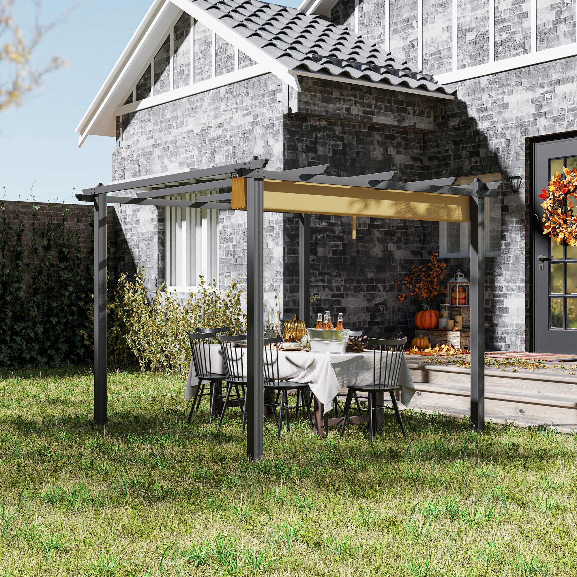 Outsunny 3 x 3m Aluminium Pergola, with Retractable Roof - Khaki - North Peak Garden Furniture