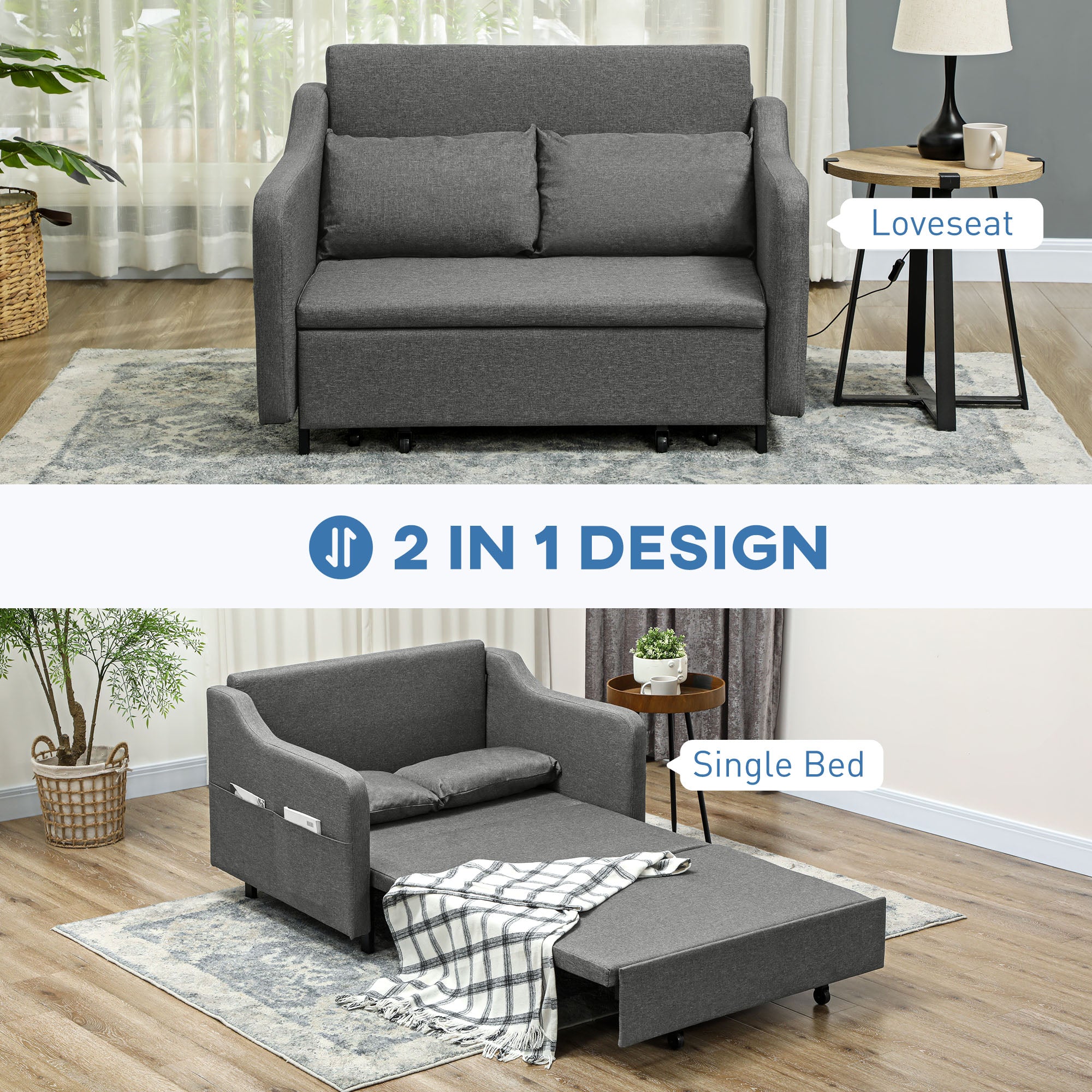 HOMCOM Two-Seater Pull-Out Sofa Bed - Grey - North Peak Garden Furniture