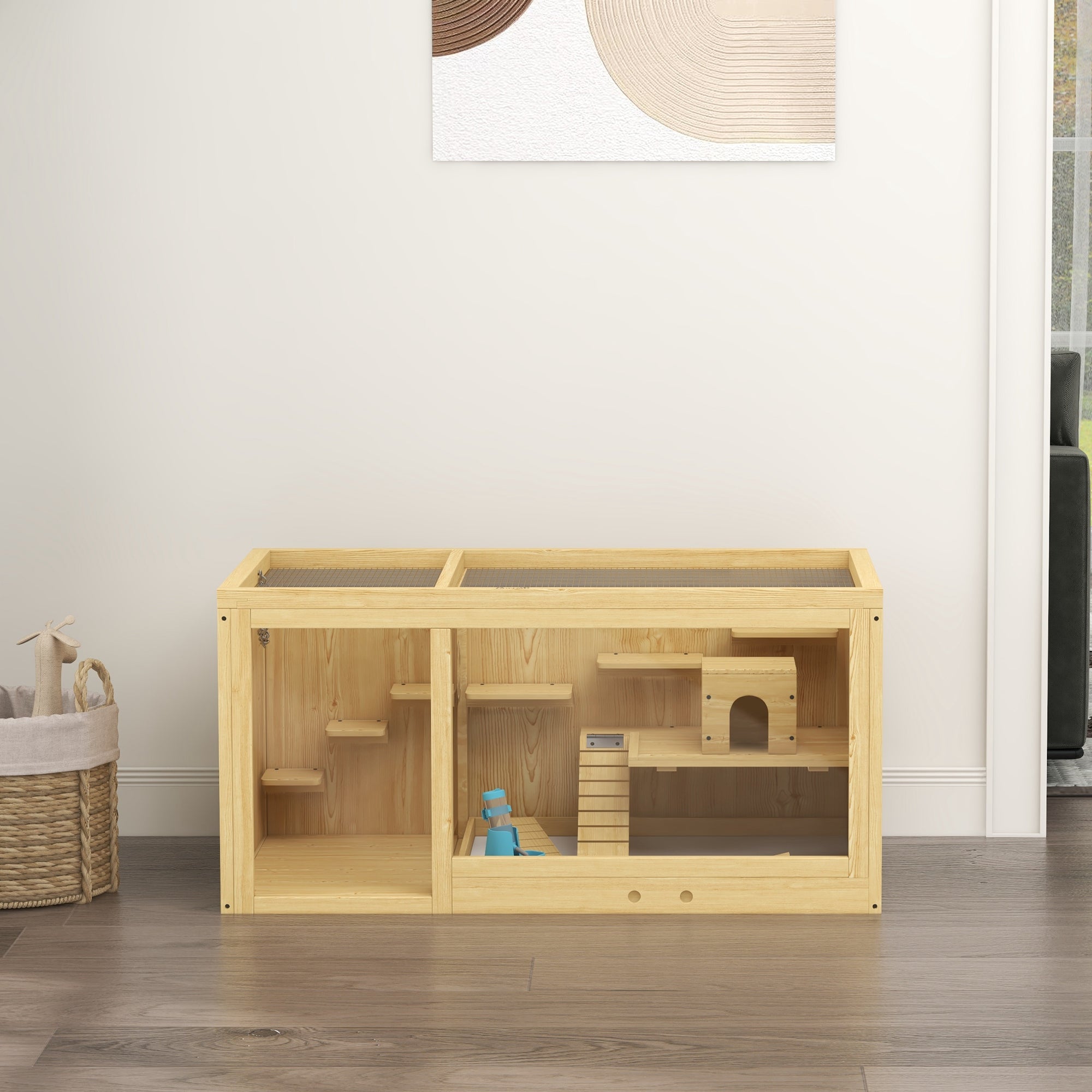PawHut Wooden Hamster Cage with Water Bottle, Platforms, Openable Roof, Sliding Tray, Hut, Seesaws, Natural Wood Finish - North Peak Garden Furniture
