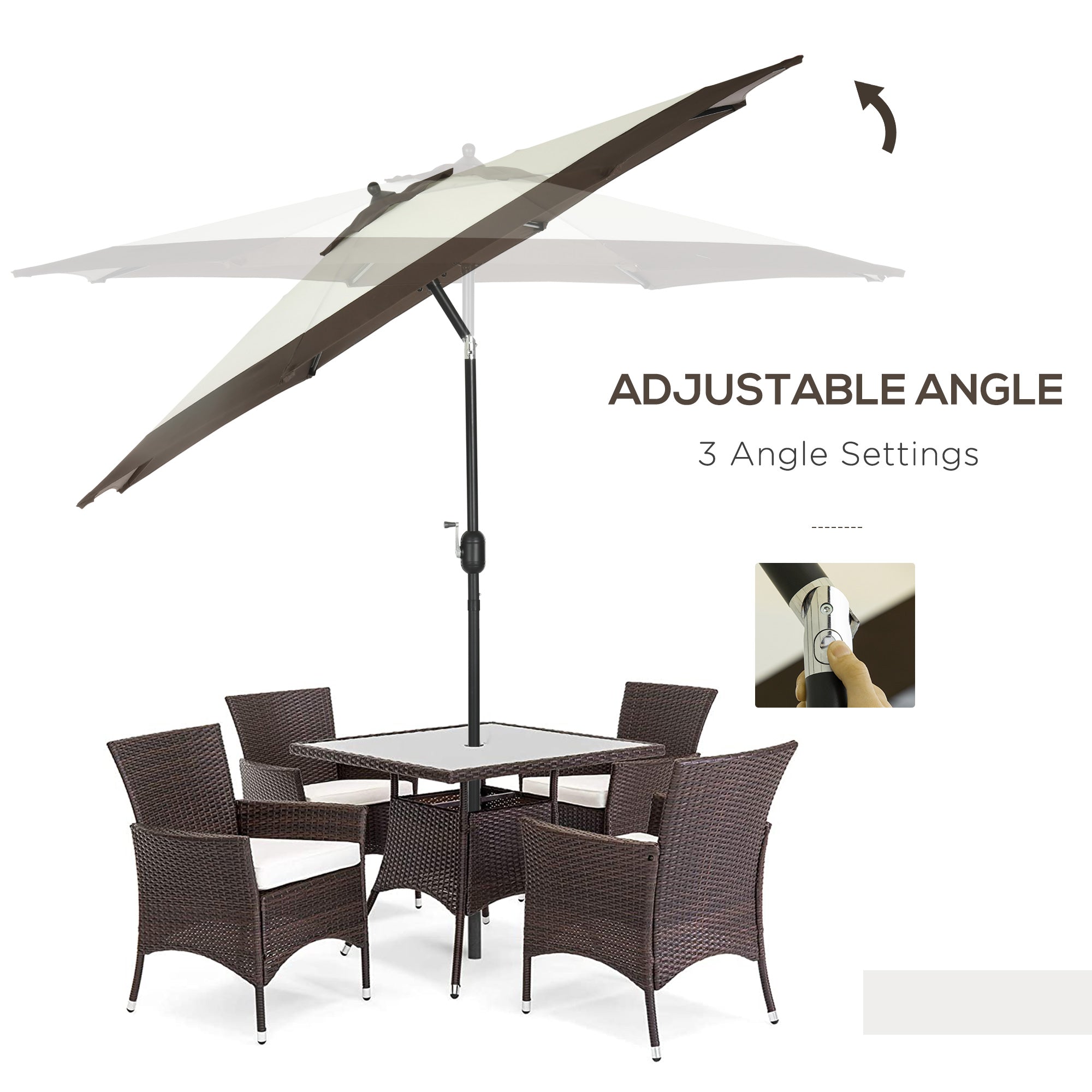 Outsunny 2.7m Garden Parasol Umbrella with 8 Metal Ribs, Tilt and Crank, Outdoor Sunshades for Garden, Patio, Beach, Yard, Coffee - North Peak Garden Furniture