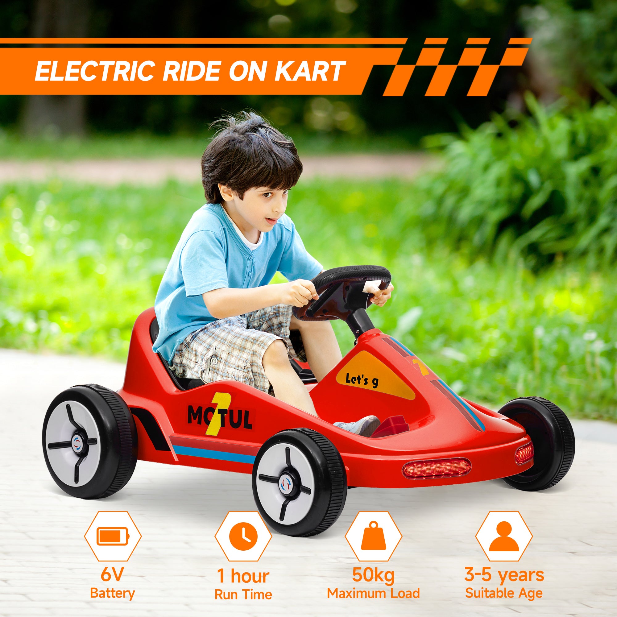 AIYAPLAY 6V Electric Go Kart for Kids with Music, Light, Horn, for 3-5 Years, Red - North Peak Garden Furniture