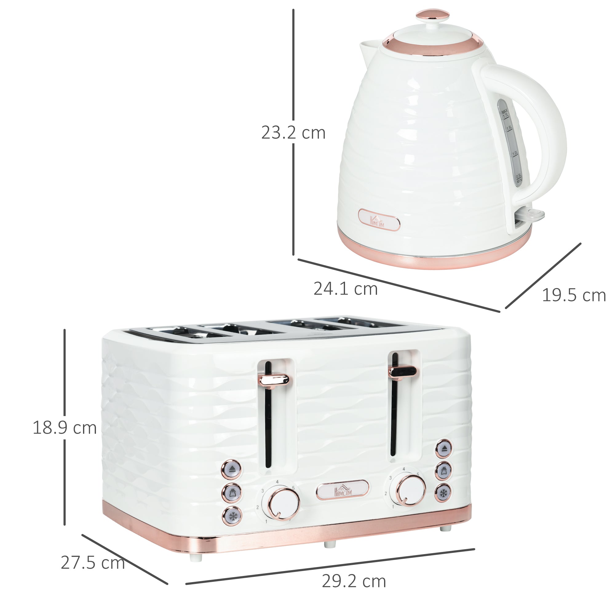 HOMCOM Kettle and Toaster Sets, 3000W 1.7L Rapid Boil Kettle & 4 Slice Toaster with 7 Browning Controls, Defrost, Reheat and Crumb Tray, Otter thermostat, Cream White - North Peak Garden Furniture