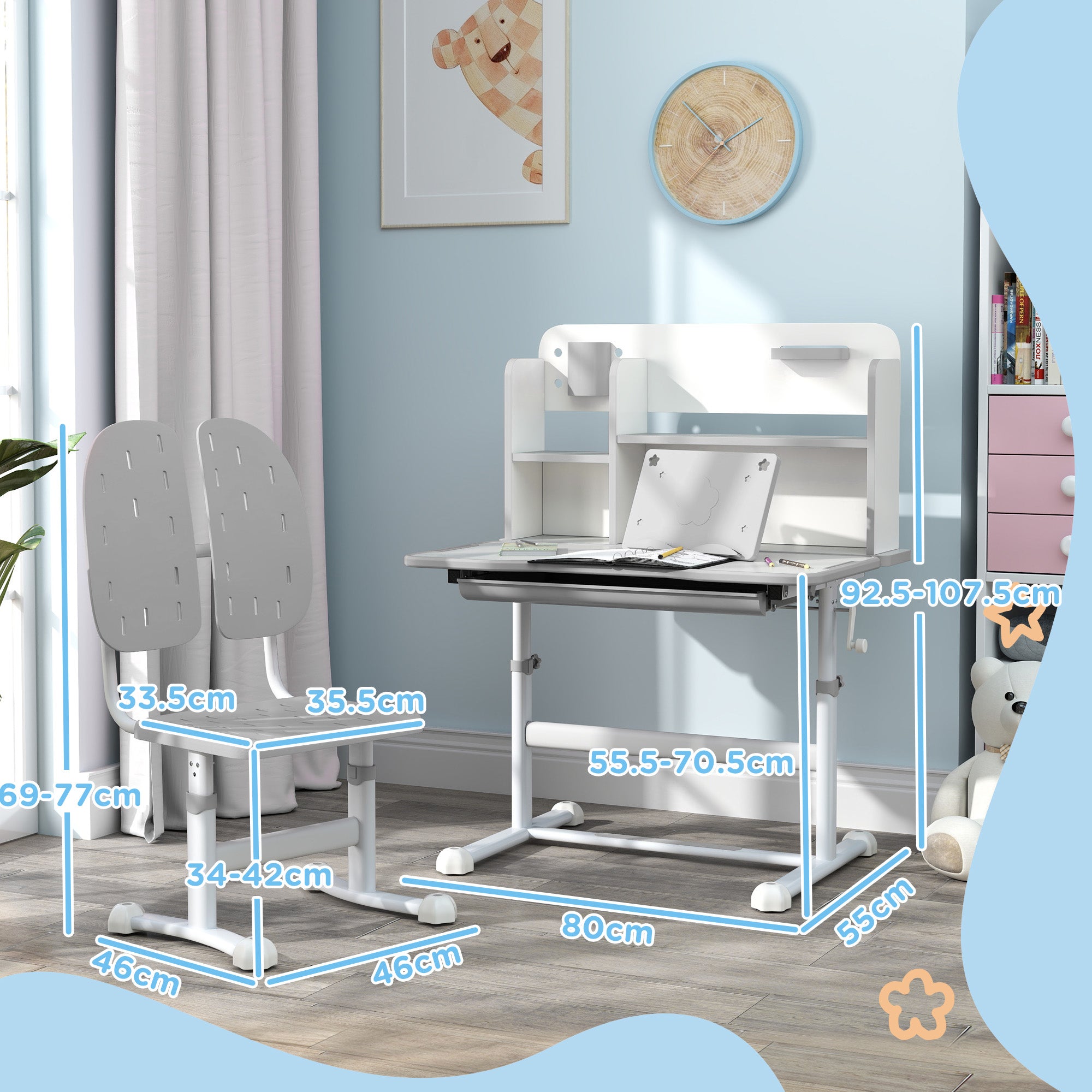 AIYAPLAY Height Adjustable Kids Desk and Chair Set, Children School Study Desk with Tiltable Desktop, Reading Rack, Grey - North Peak Garden Furniture