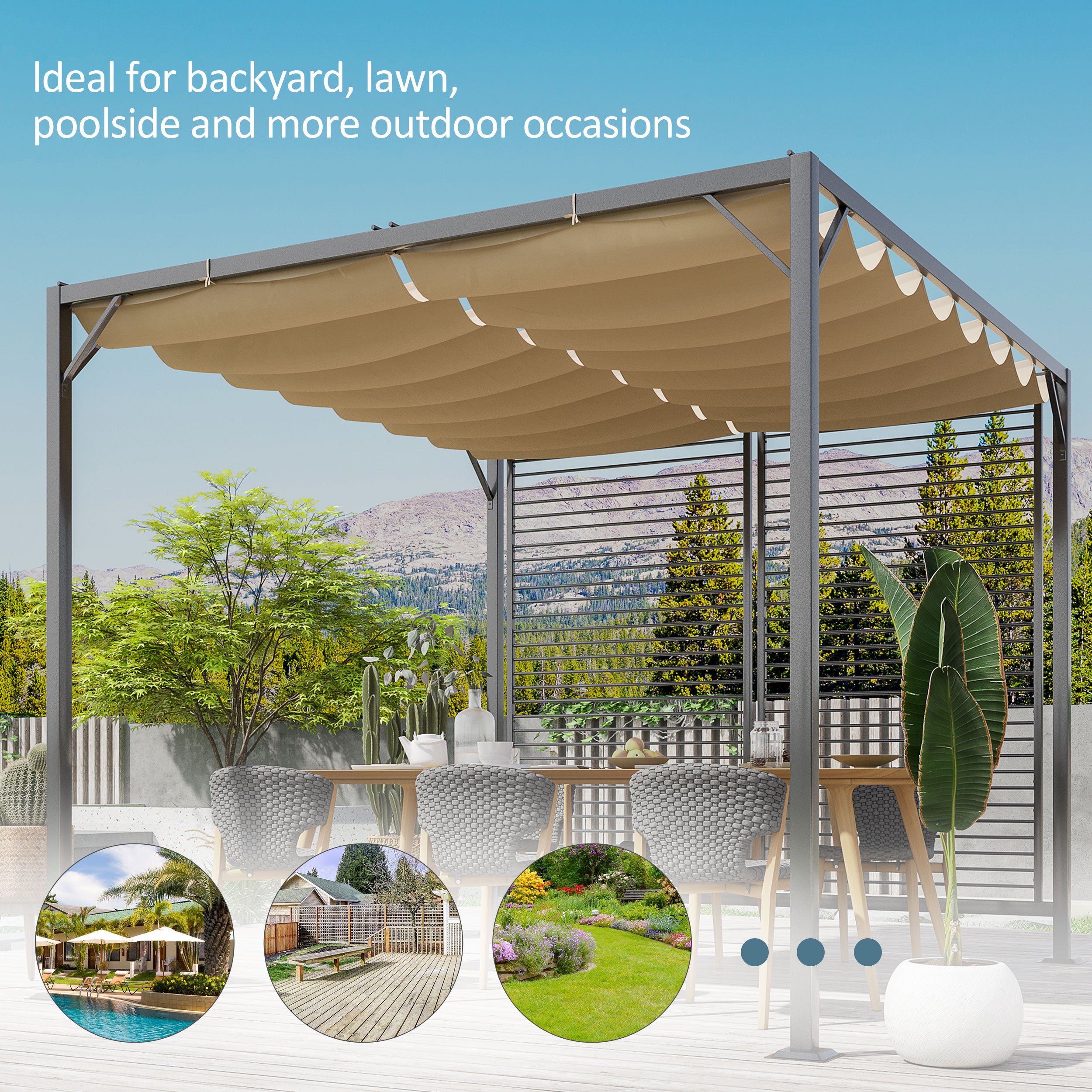 Outsunny 2.8m x 3m Retractable Metal Frame Outdoor Garden Pergola Beige