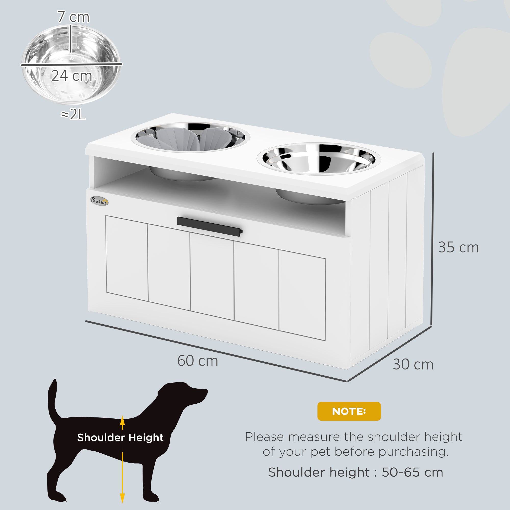 PawHut Raised Dog Bowl with Slow Feeder & 2 Stainless Steel Dog Bowl, 25L Storage Drawer, for Large & Extra Large Dogs, White - North Peak Garden Furniture