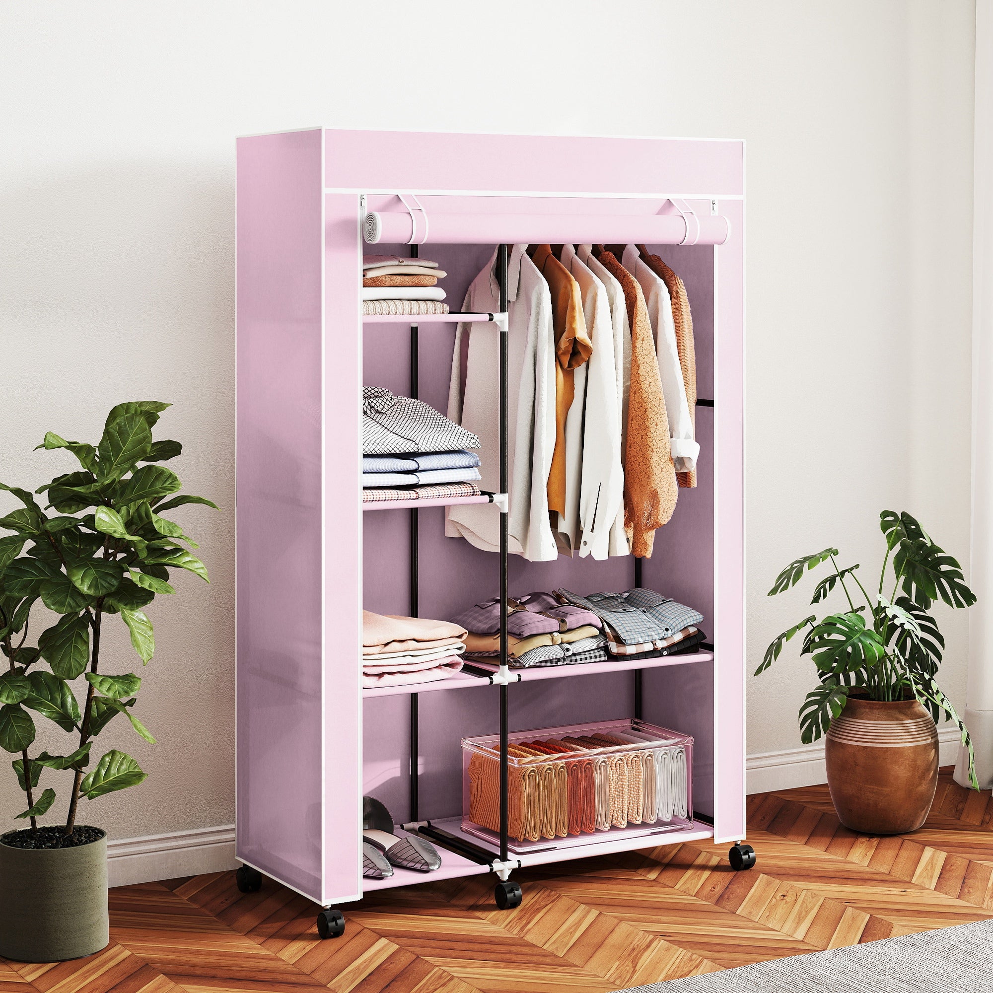 HOMCOM Fabric Wardrobe w/ Shelves Hanging Rail Foldable Wardrobe Pink