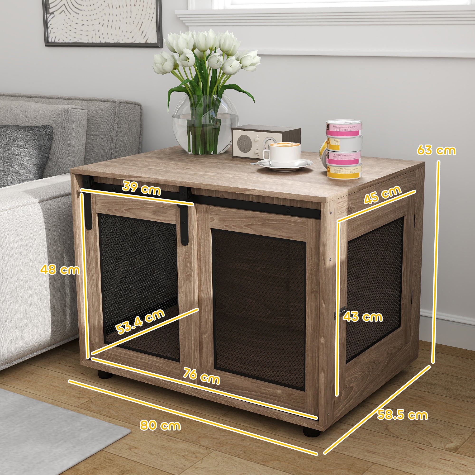 PawHut Dog Crate Furniture with Sliding Door for Medium Dogs, 80 x 58.5 x 63cm, Walnut Brown - North Peak Garden Furniture