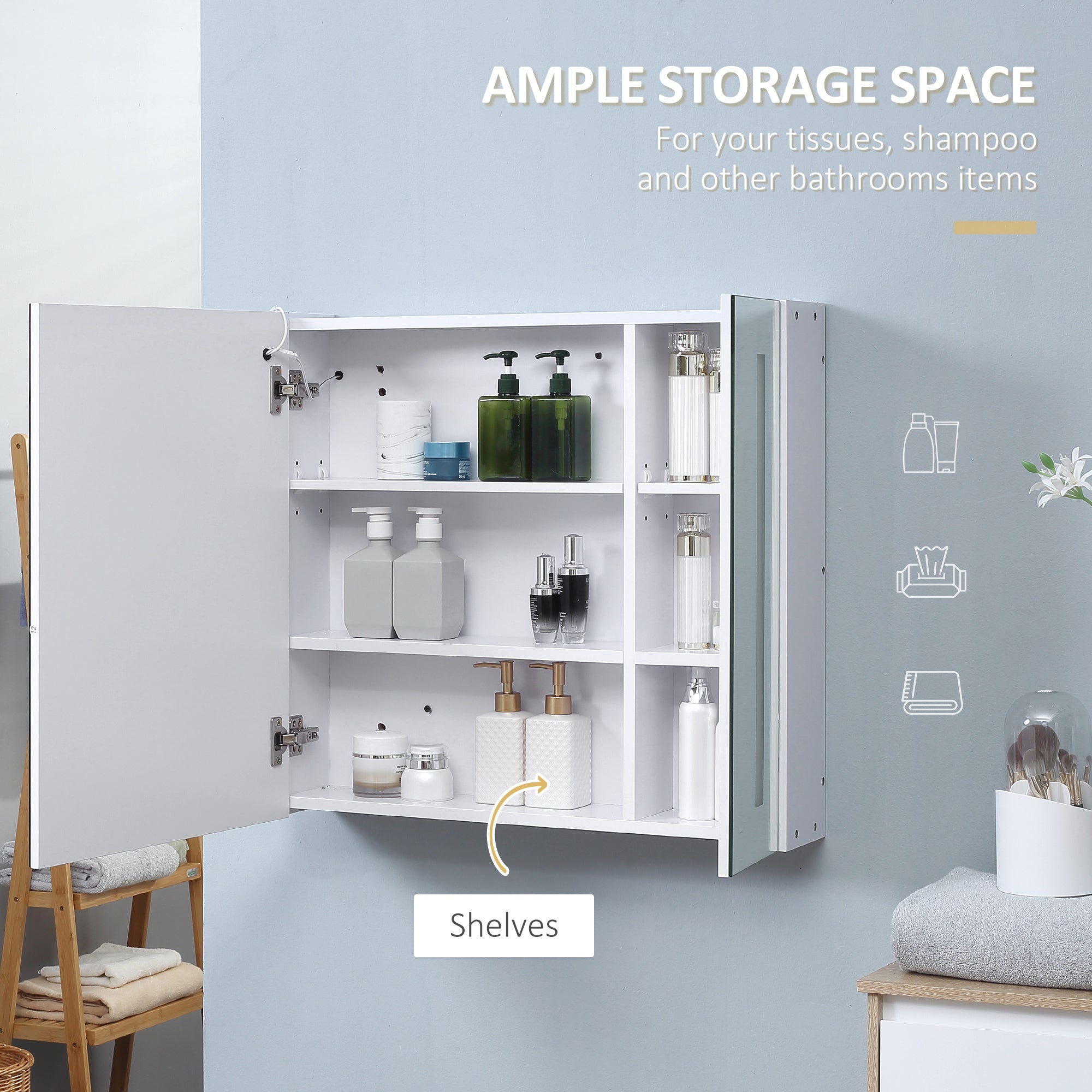 Illuminated Bathroom Mirror Cabinet 650 x 700Hmm LED Bathroom Mirror with Lights Touch Switch, Adjustable Shelf, USB Charge, White - North Peak Garden Furniture