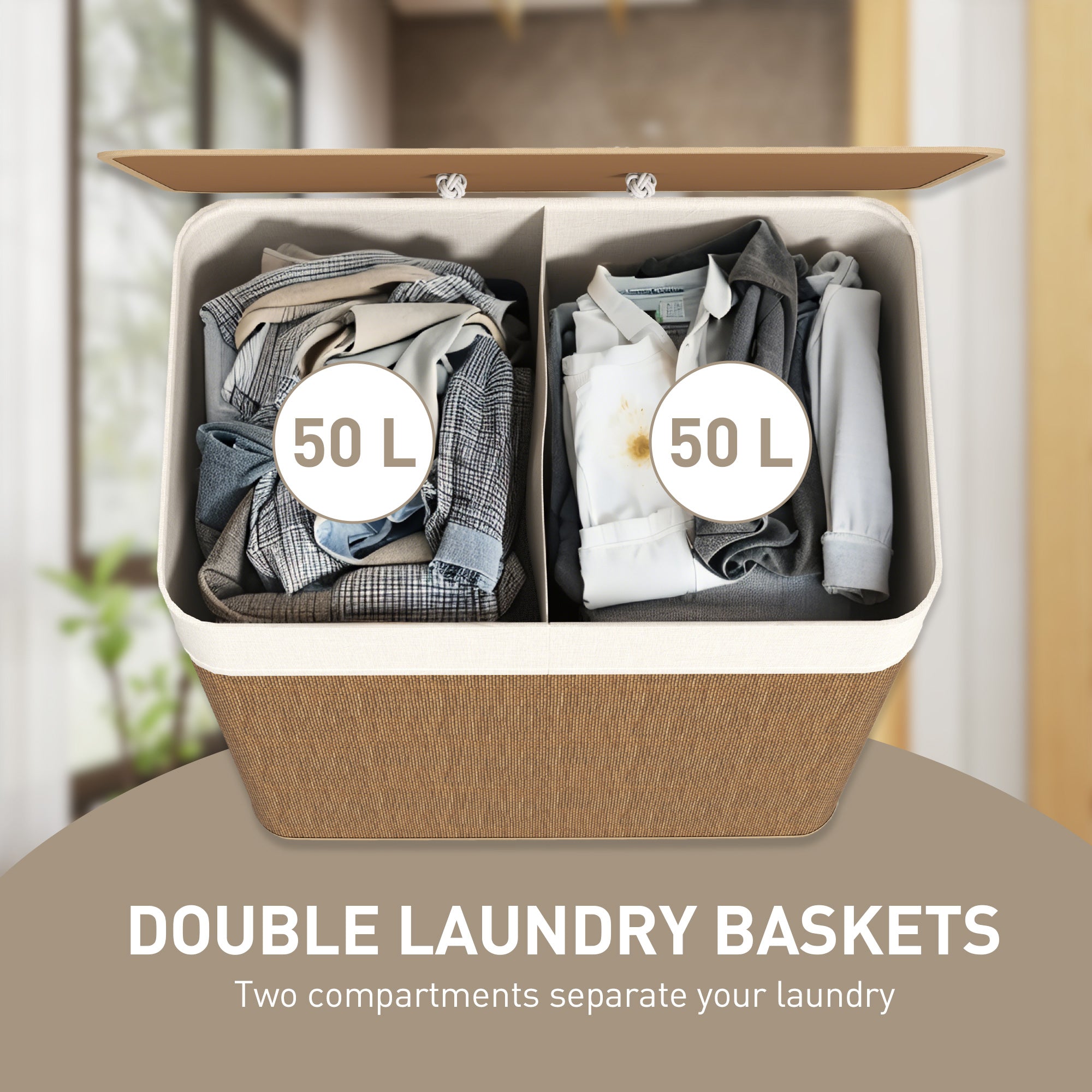 HOMCOM Double Laundry Basket with Lid, 100L Bamboo Laundry Hamper with Rope Handles, Washing Basket with Removable Liner for Bathroom, Bedroom, Brown - North Peak Garden Furniture