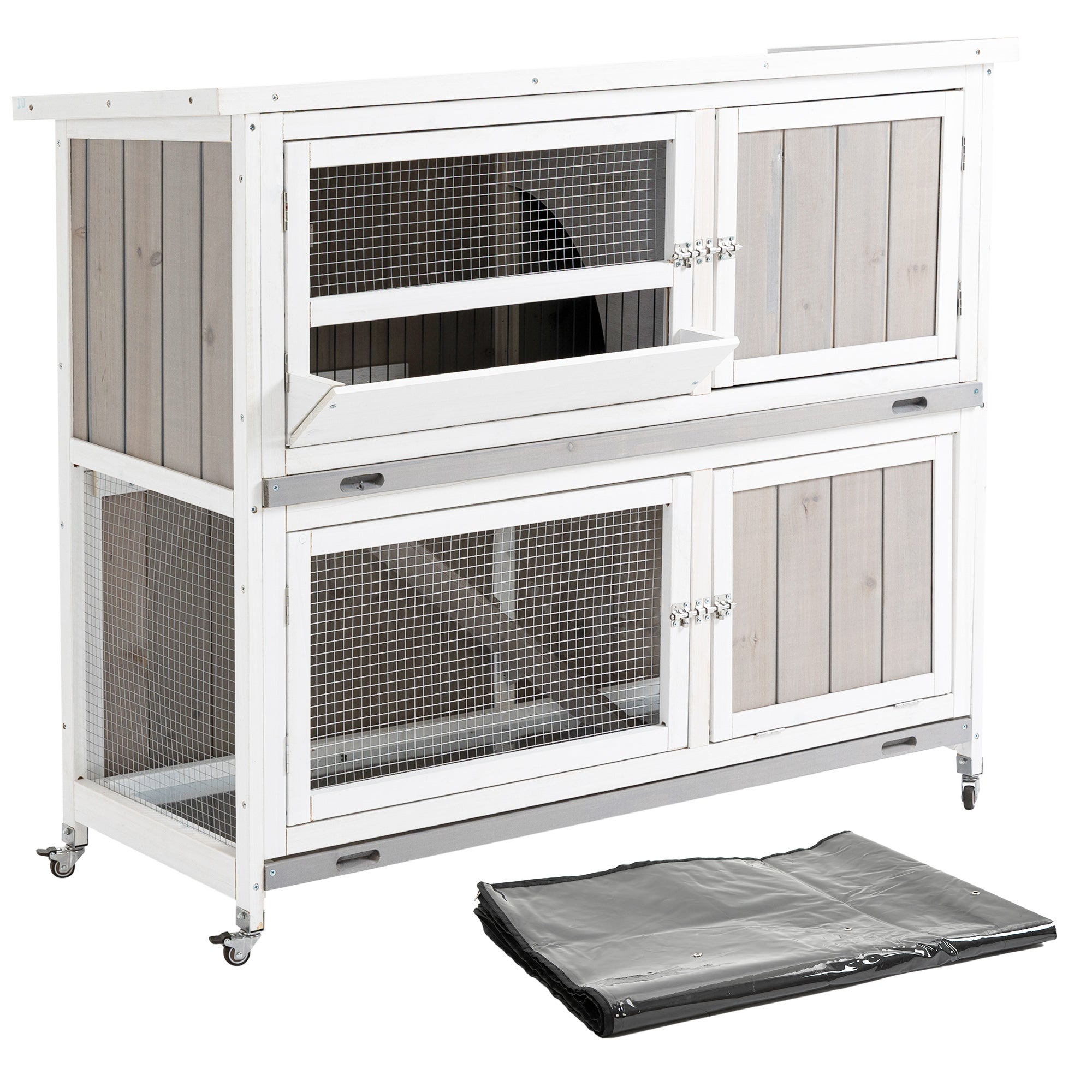 PawHut Rabbit Hutch Outdoor Guinea Pig Hutch Wooden Bunny House with Rain Cover Wheels for Indoor Outdoor, 122 x50 x100cm - Grey - North Peak Garden Furniture