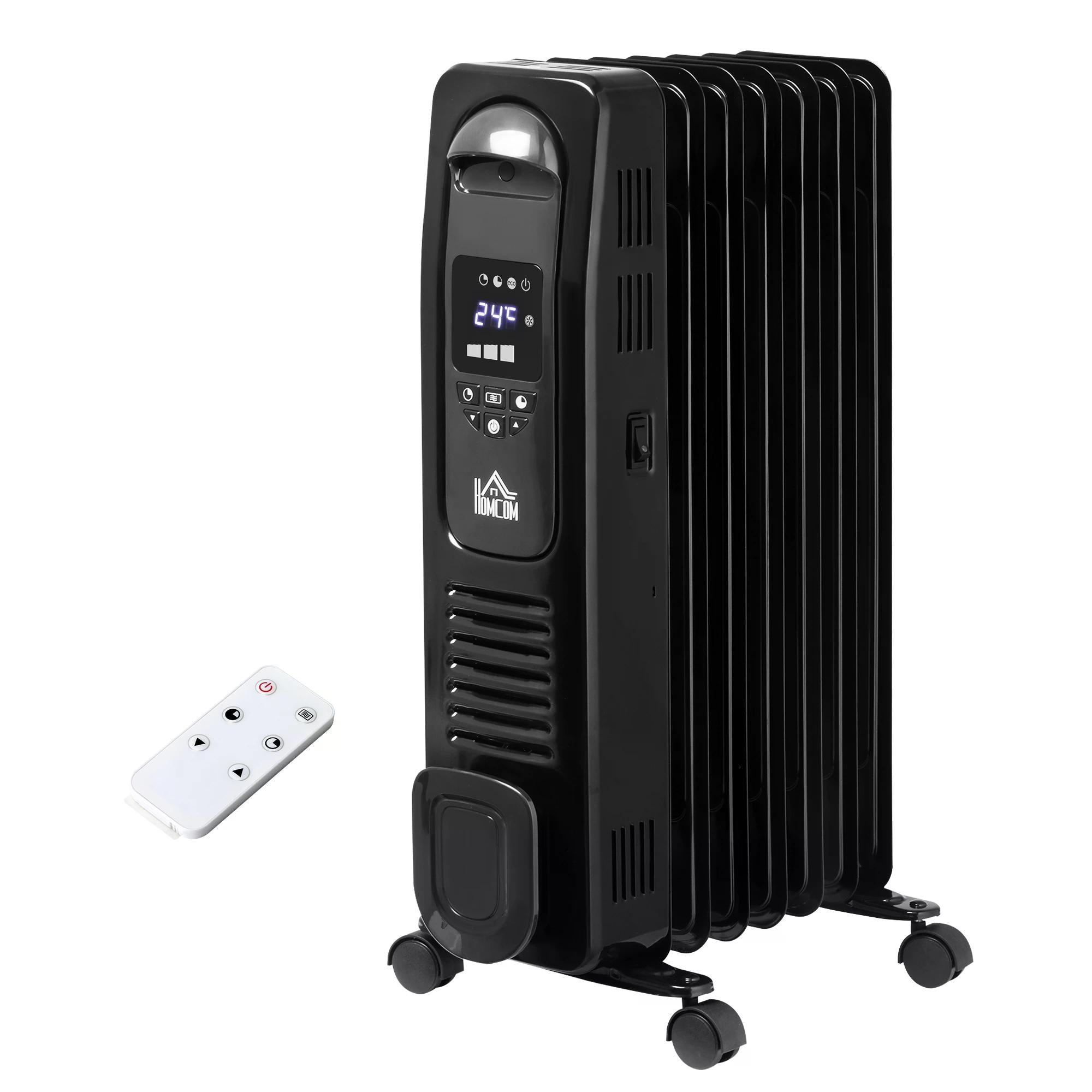 HOMCOM 1500W Digital Oil Filled Radiator, 7 Fin, Portable Electric Heater with LED Display, Built-in Timer, 3 Heat Settings, Safety Cut-Off and Remote Control, Black