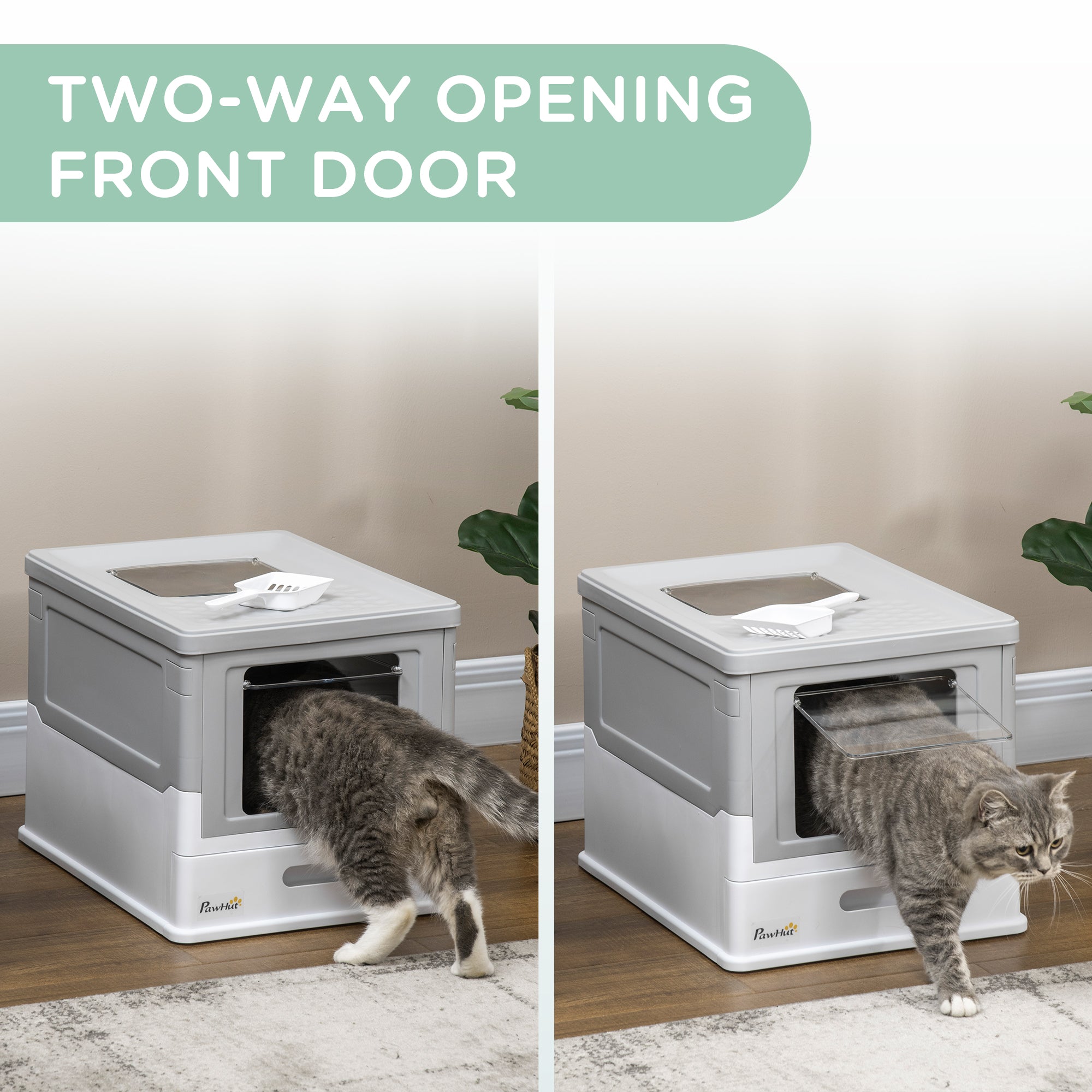PawHut Hooded Cat Litter Box, Portable Pet Toilet, with Scoop, Front Entry - Grey