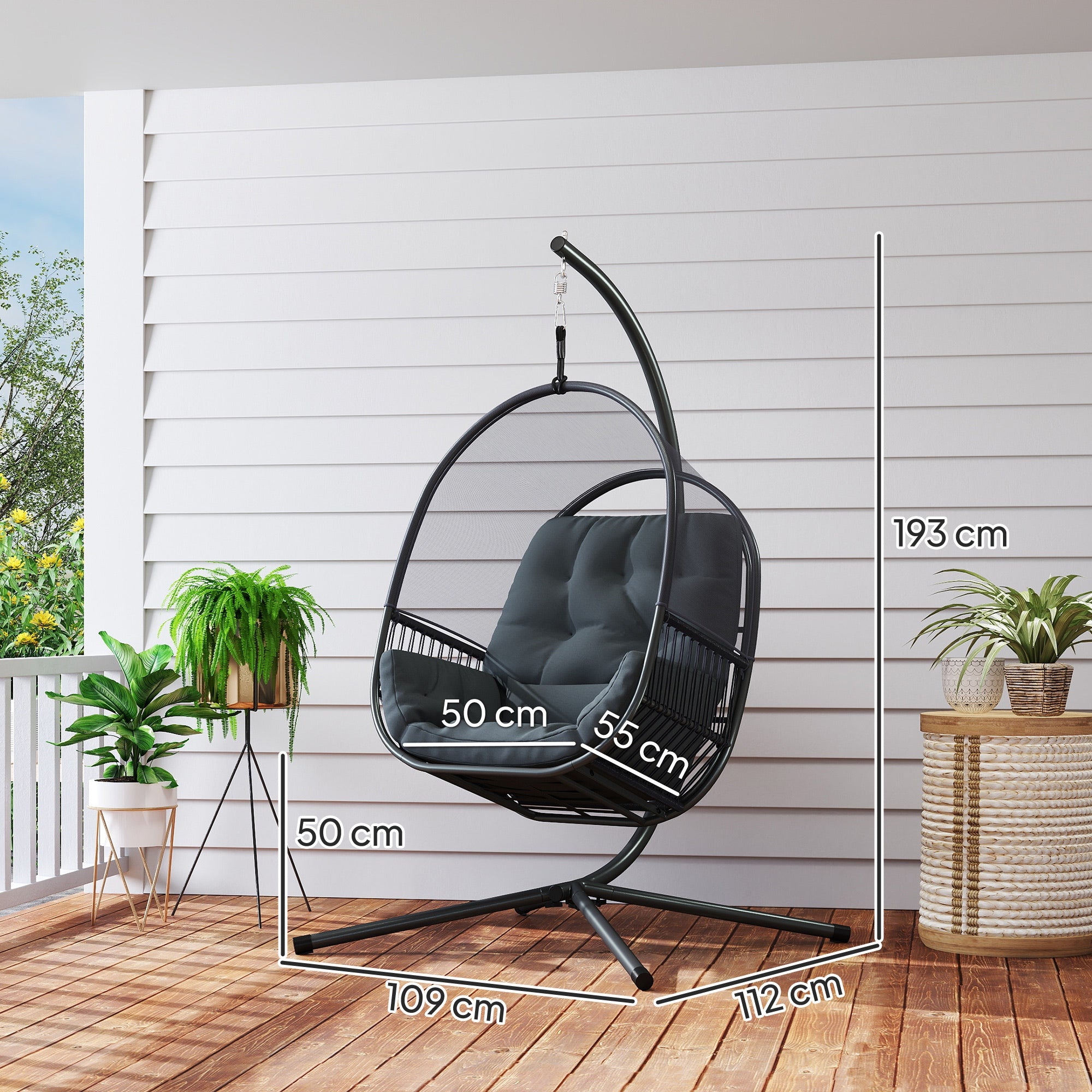 Outsunny Hanging Egg Chair Outdoor Indoor, Swing Hammock Chair with Stand, Cushions, Lumbar Pillow, Adjustable Height and Steel Frame for Garden Patio Lounge Porch, Dark Grey - North Peak Garden Furniture