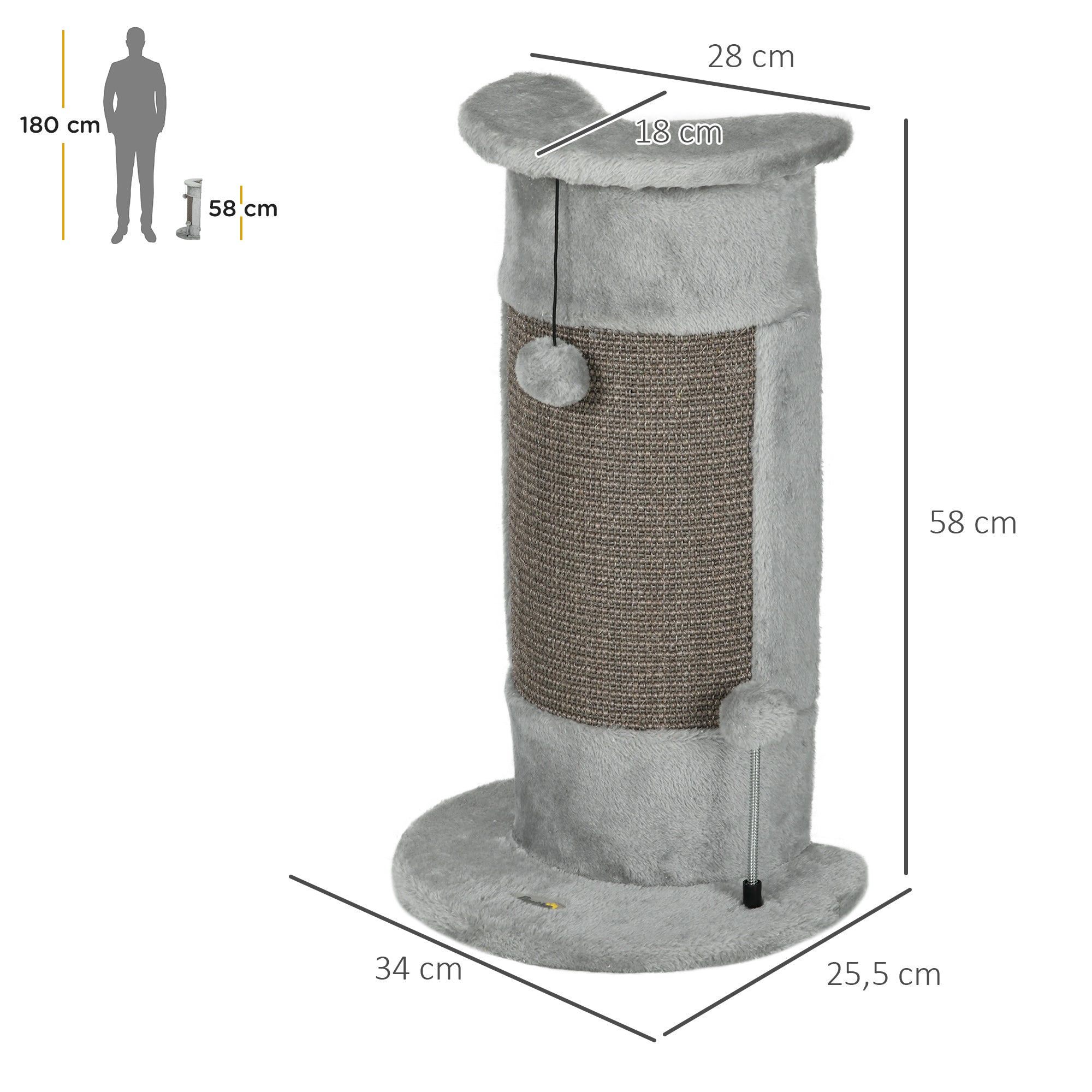 PawHut 58cm Cat Scratching Post, with Covered Plush, Play Balls, for Corner Walls - Grey - North Peak Garden Furniture