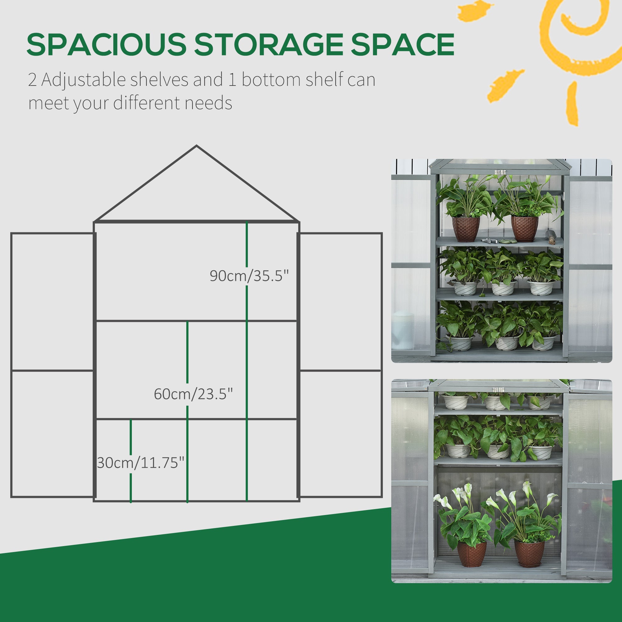 Outsunny Garden Cold Frame Polycarbonate Greenhouse with Adjustable Shelves, Double Doors, Openable Top Covers, Grow House for Flower Vegetable Plants, 80 x 47 x 138cm, Grey - North Peak Garden Furniture