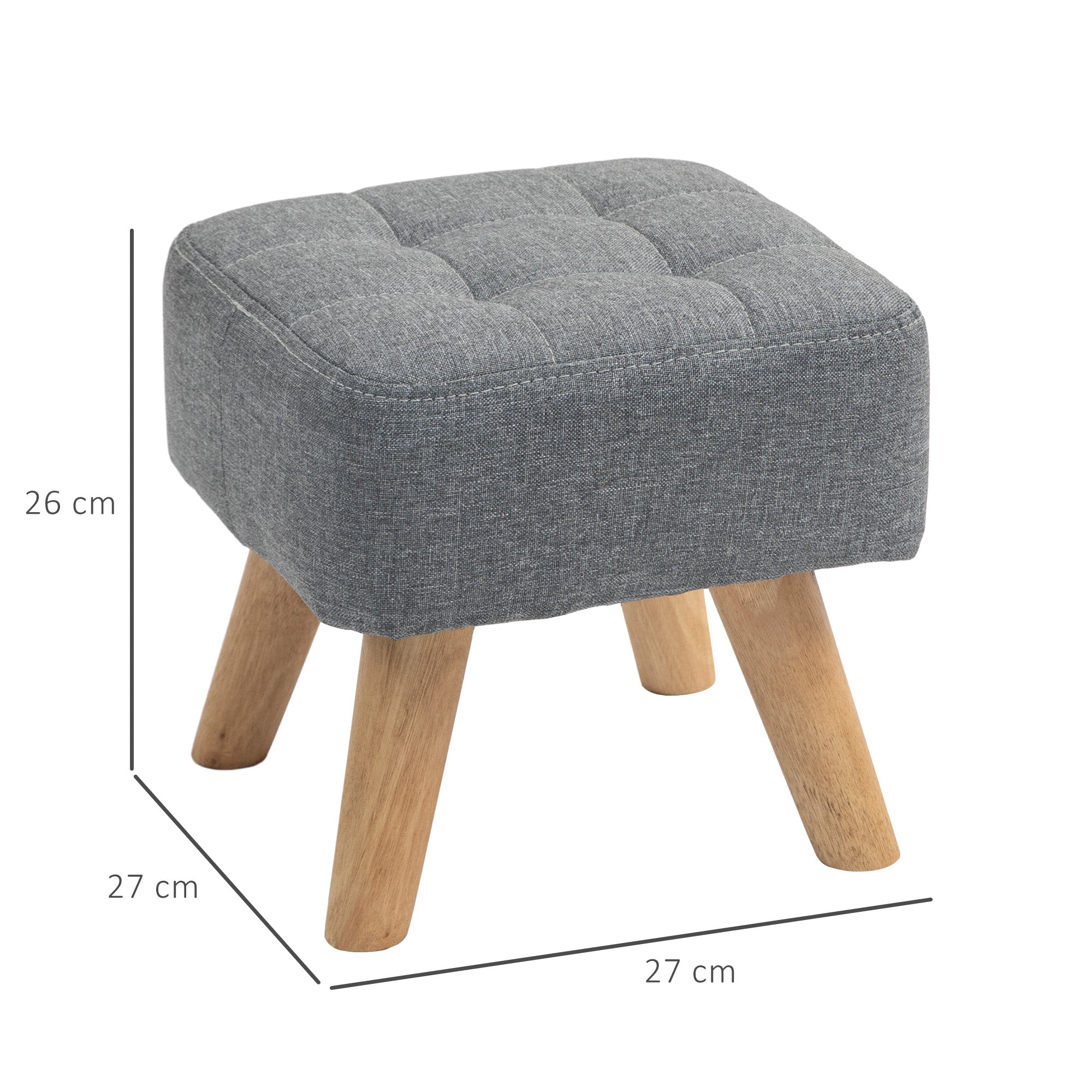 HOMCOM Modern Tufted Footstool, Fabric Foot Stool with Rubber Wood Legs, Padded Seat, for Living Room, Bedroom, Entryway, Grey - North Peak Garden Furniture