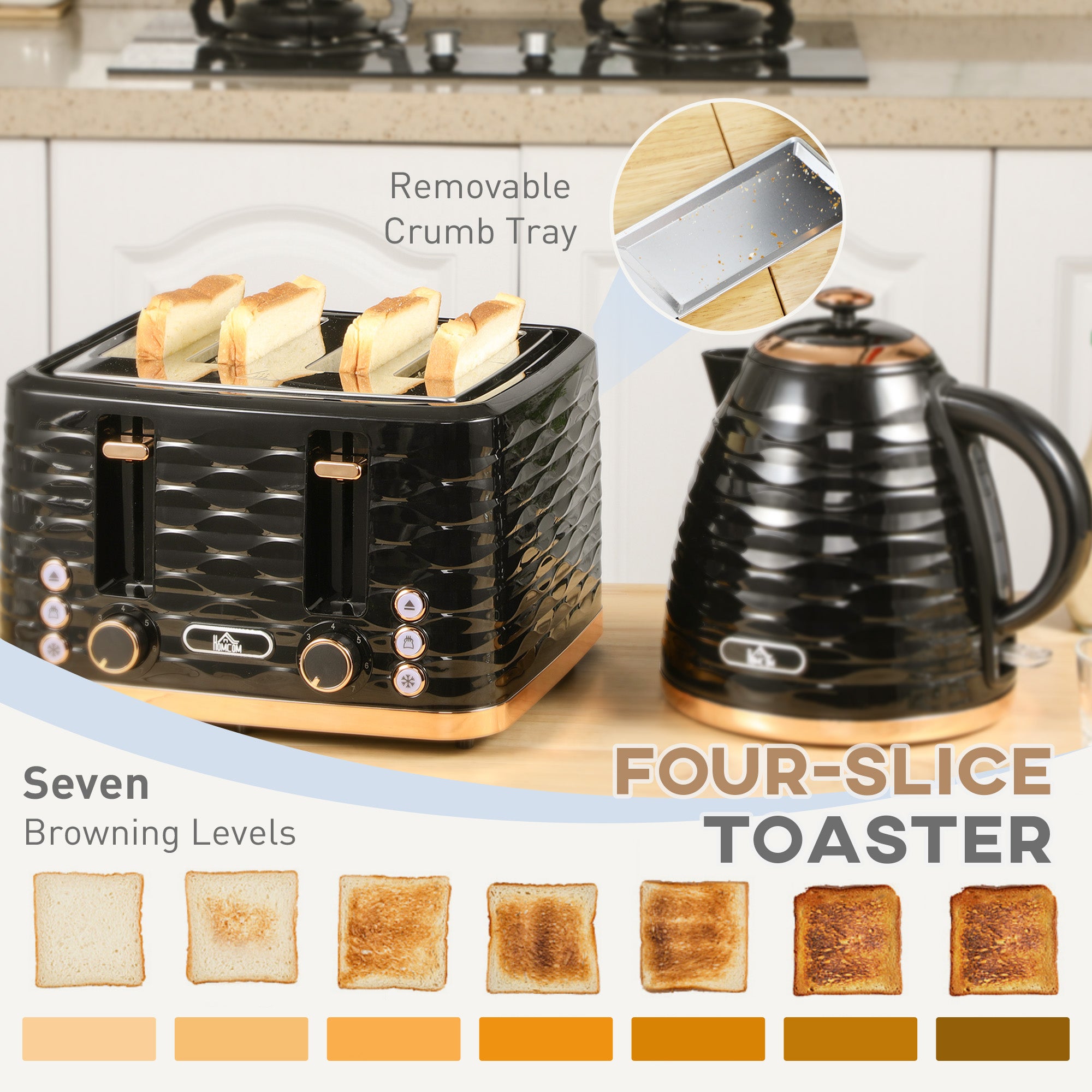 HOMCOM Kettle and Toaster Sets, 3000W 1.7L Rapid Boil Kettle & 4 Slice Toaster with 7 Browning Controls, Defrost, Reheat and Crumb Tray, Otter thermostat, Black - North Peak Garden Furniture